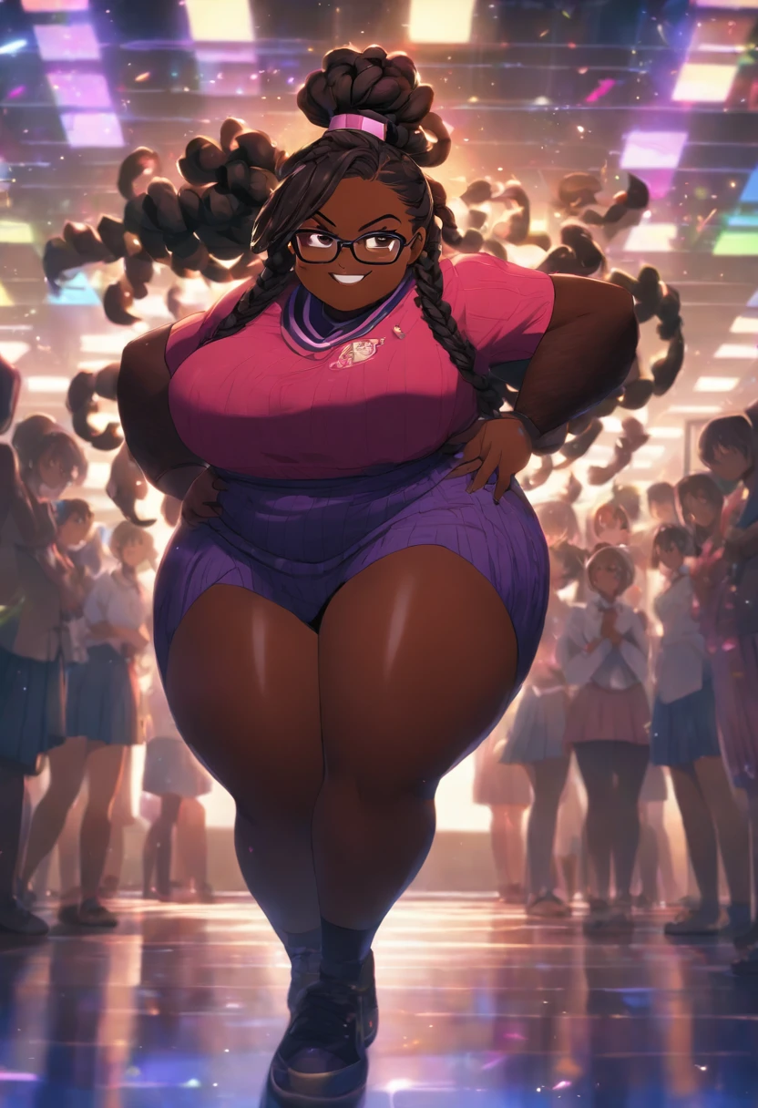 fat girl, obese girl, teacher standing in a classroom, huge ass/thighs, black girl, black braids, wearing dress massive boobs, wearing glasses, brown glowing purple eyes, very dark skin, happy smile High resolution