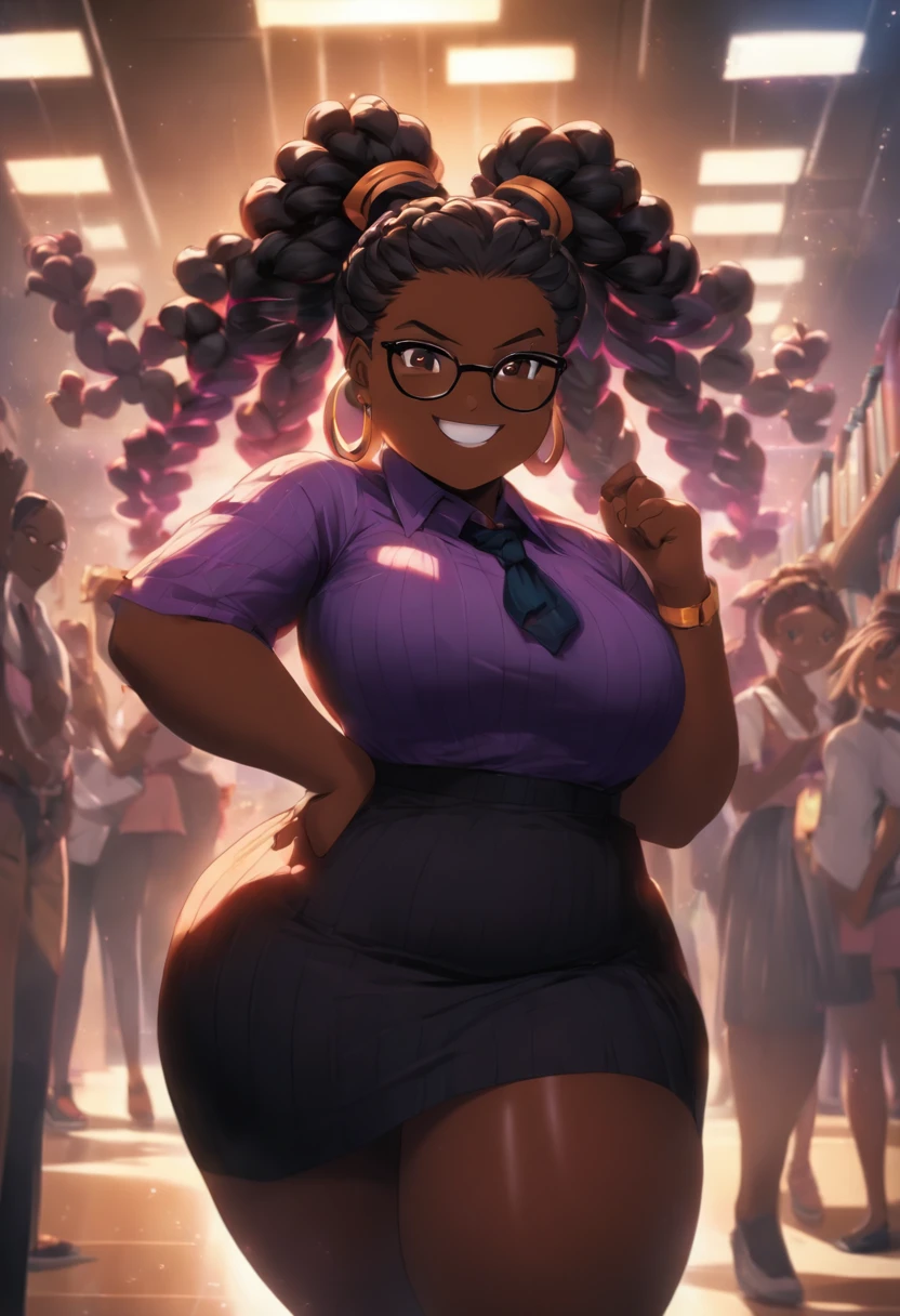 fat girl, obese girl, teacher standing in a classroom, huge ass/thighs,  black girl, black braids, wearing dress massive boobs, wearing glasses, brown glowing purple eyes, very dark skin, happy smile High resolution