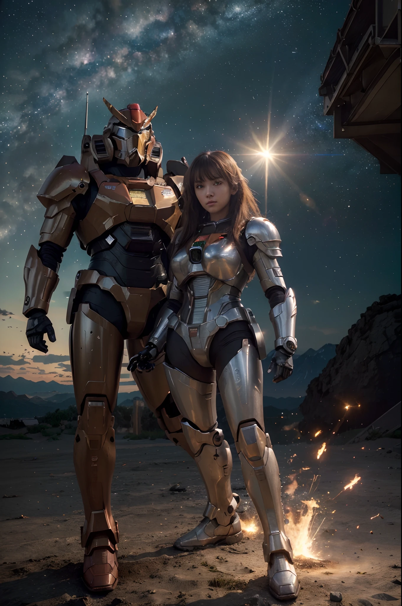 (best quality,4k,8k,highres,masterpiece:1.2),ultra-detailed,(realistic,photorealistic,photo-realistic:1.37),big mobile suit with Solar armor,gundam,space war background,flame aura body,anime art,anime style,anime,vivid colors,sharp focus,physically-based rendering,extremely detailed,professional,landscape,studio lighting
