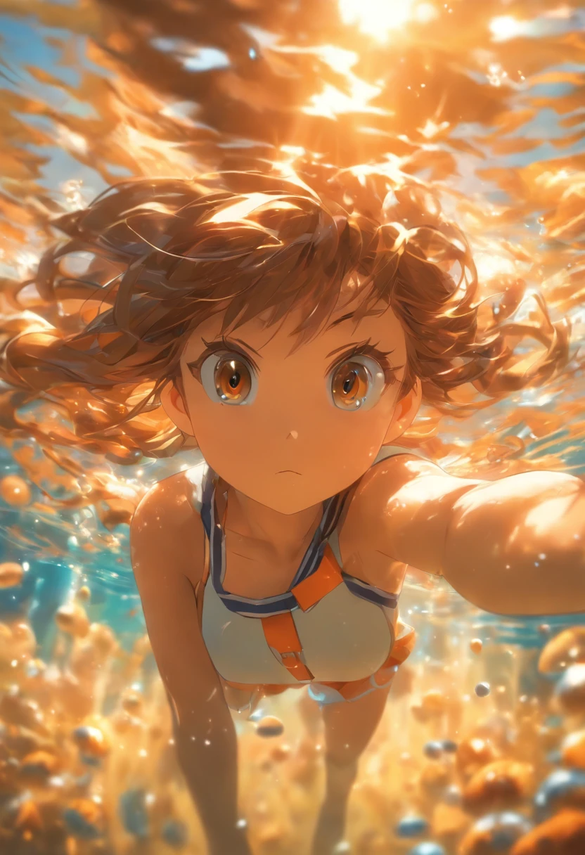 foreshortening, depth of field, masterpiece, best quality, 1girl, brown hair, brown eyes, long hair, underwater, air bubble, soft, school uniform, swimming, dappled sunlight,