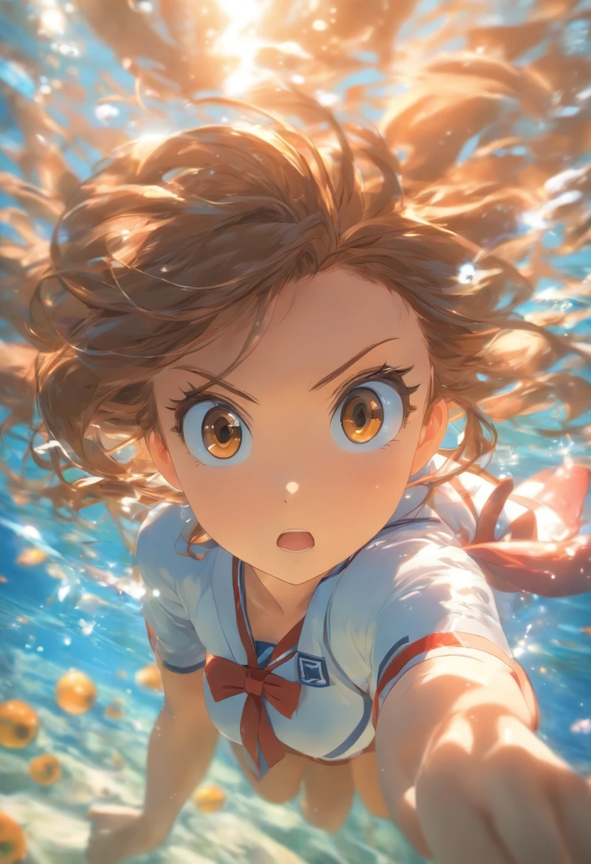 foreshortening,  depth of field, masterpiece, best quality, 1girl, brown hair, brown eyes, long hair, underwater, air bubble, soft, school uniform, swimming,  dappled sunlight,