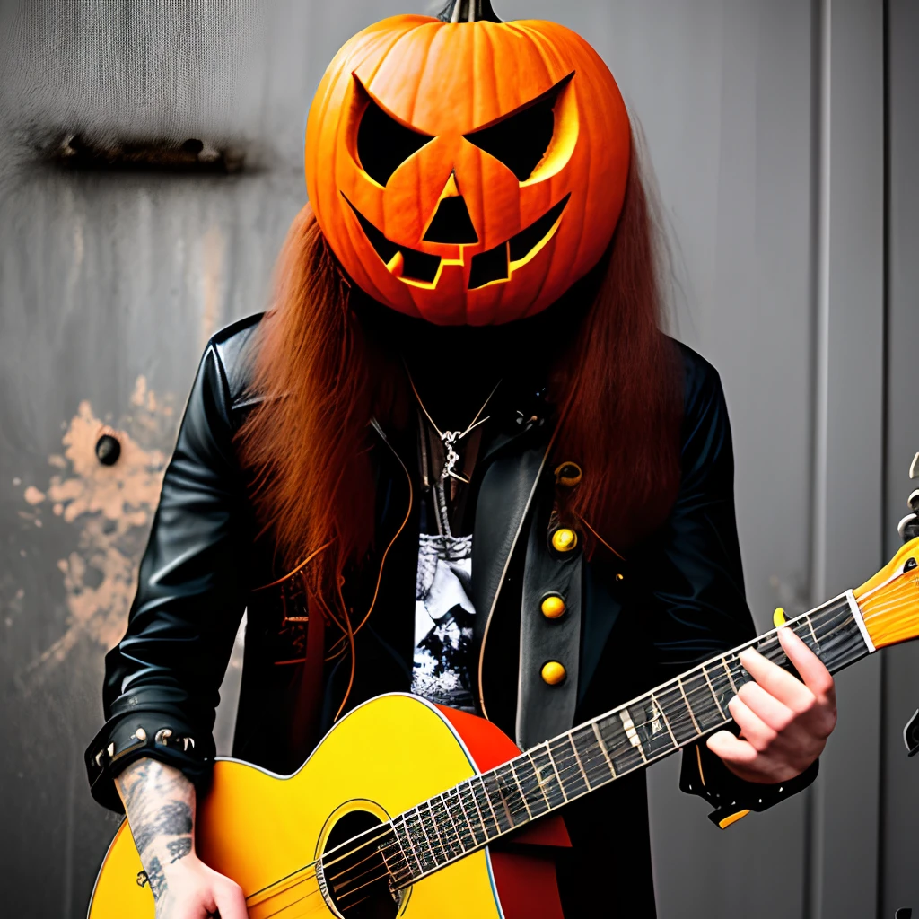 scary realistic long haired punk guitarist with pumpkin head
