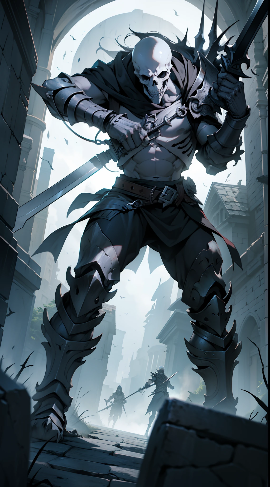 Create me a cool skeleton warrior to play DnD. It must be scary and powerful, With Bone Armor and Weapons, that looks like shards of death. Let his black eye sockets radiate menace, And his bony fingers hold the weapon of death. Let his footsteps sound, Like the creaking of bones, and his presence terrifies the hearts of his enemies. Give it a name, which reflects his ruthless nature and his unyielding will to win.