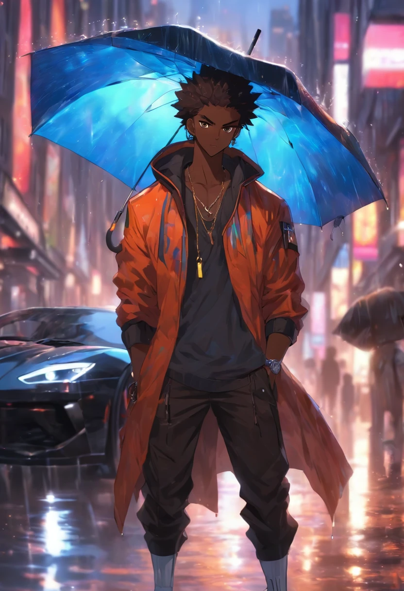 black man, dark brown skin, glowing brown eyes, skinfade hair, standing in london city street, raining, holding an umbrella, standing next to sports car, (wearing tech wear)