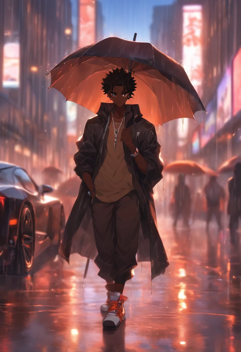 black man, dark brown skin, glowing brown eyes, skinfade hair, standing in london city street, raining, holding an umbrella, standing next to sports car, (wearing tech wear)