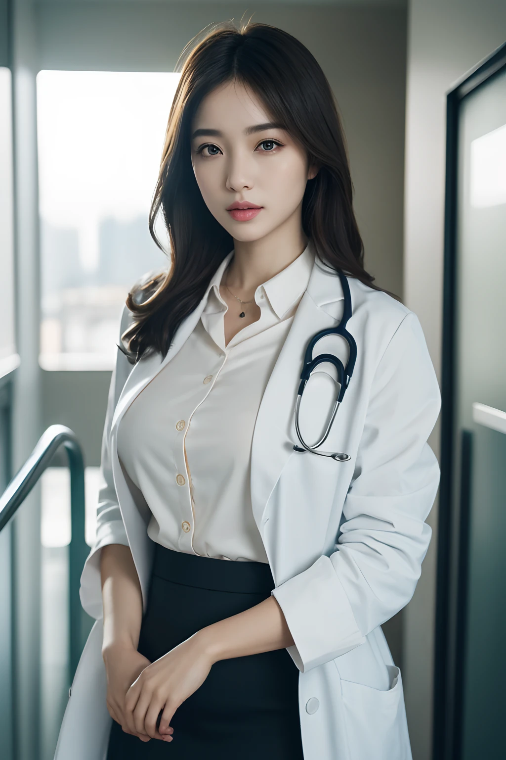Photorealistic beautiful doctor、stunningly beautiful、doctors white coat, Collared shirt、(top-quality、8K、32K、​masterpiece、nffsw:1.3)、超A high resolution,(Photorealsitic:1.4),Raw photography, Detailed face,,Beautiful hair,real looking skin、 ((Doctor Style)), , Black tight skirt、 Natural makeup,, large full breasts、inside hospital, Detailed background, Perfect Lighting, depth of fields, Beautiful shadow gradient,stethoscope ,