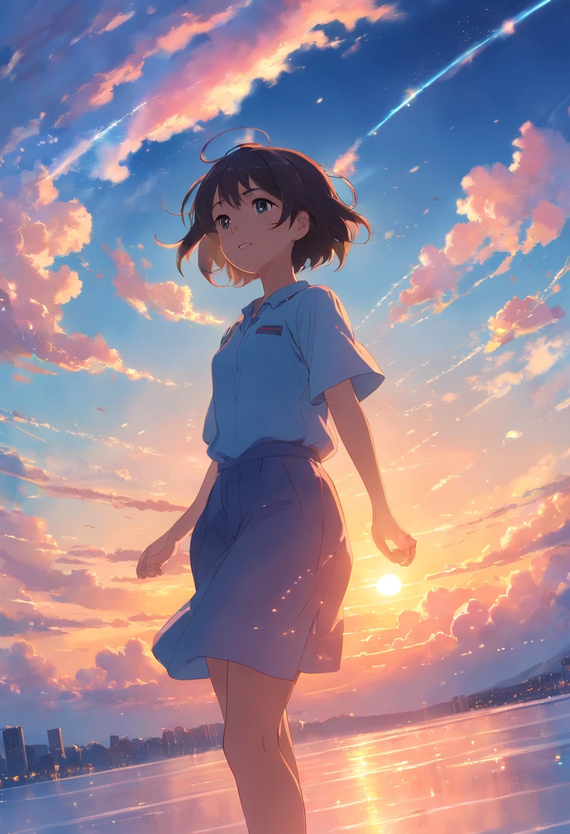 masterpiece, best quality, movie still, 1girl, cloud girl, floating in the sky, close-up, bright, happy, warm soft lighting, sunset, (sparks:0.7)