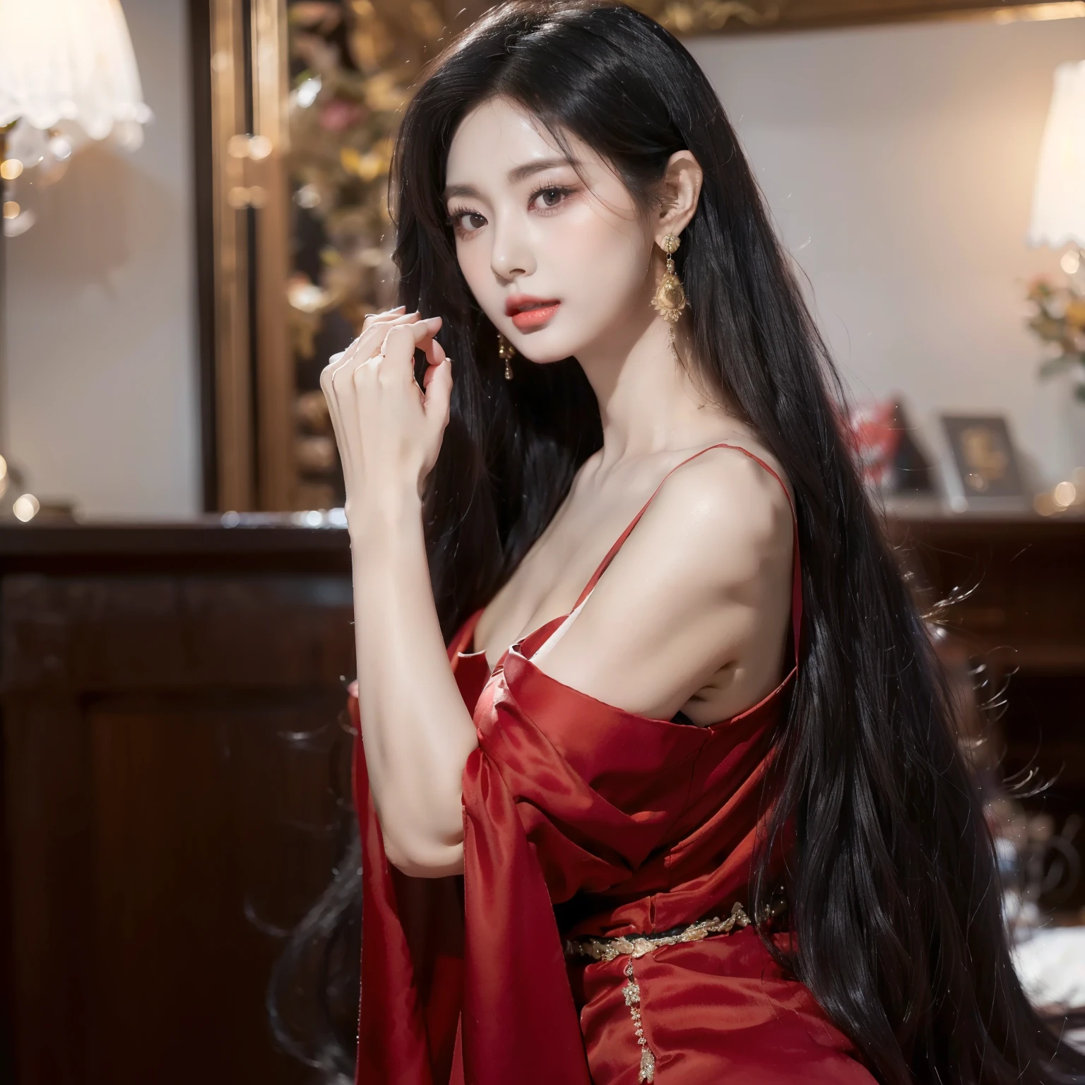 (Top image quality、top-quality、Top resolution、hyper realistic photography、Full body photo、masterpiece、)1girl in、Amazingly long black hair is super beautiful、hair length about 3 meters、White underwear or naked、Hide the whole body with straight black hair、Very beautiful face、well-groomed beautiful black hair、very large amount of hair、Very long black hair that emphasizes sex appeal as a woman、slim figure、Lustrous beautiful hair、Bright lighting、profetional lighting、Winner of the World Long Hair Contest、Full body real photo、Head-to-toe photo、Photo taken from about 4 meters away、Super Real、Two hands、2 legs、5 fingers、The longest black hair in the world、Hair is heavy and tired、Hair longer than Rapunzel、very large amount of hair、I hide my whole body with very long black hair、Hair that is shampooed every day is very clean、Hair smells of roses、Very long black hair is my sex appeal、Very long black hair is my charm、Long black hair is a symbol of beauty、My pride is very long black hair、This long hair length and amount is admired all over the world、My very long black hair is spread out in a fan shape、Facing backwards、Sleeping face down、Silky black hair flowing from the shoulders to the floor、Surprisingly large amount of hair、Hair is very bushy、