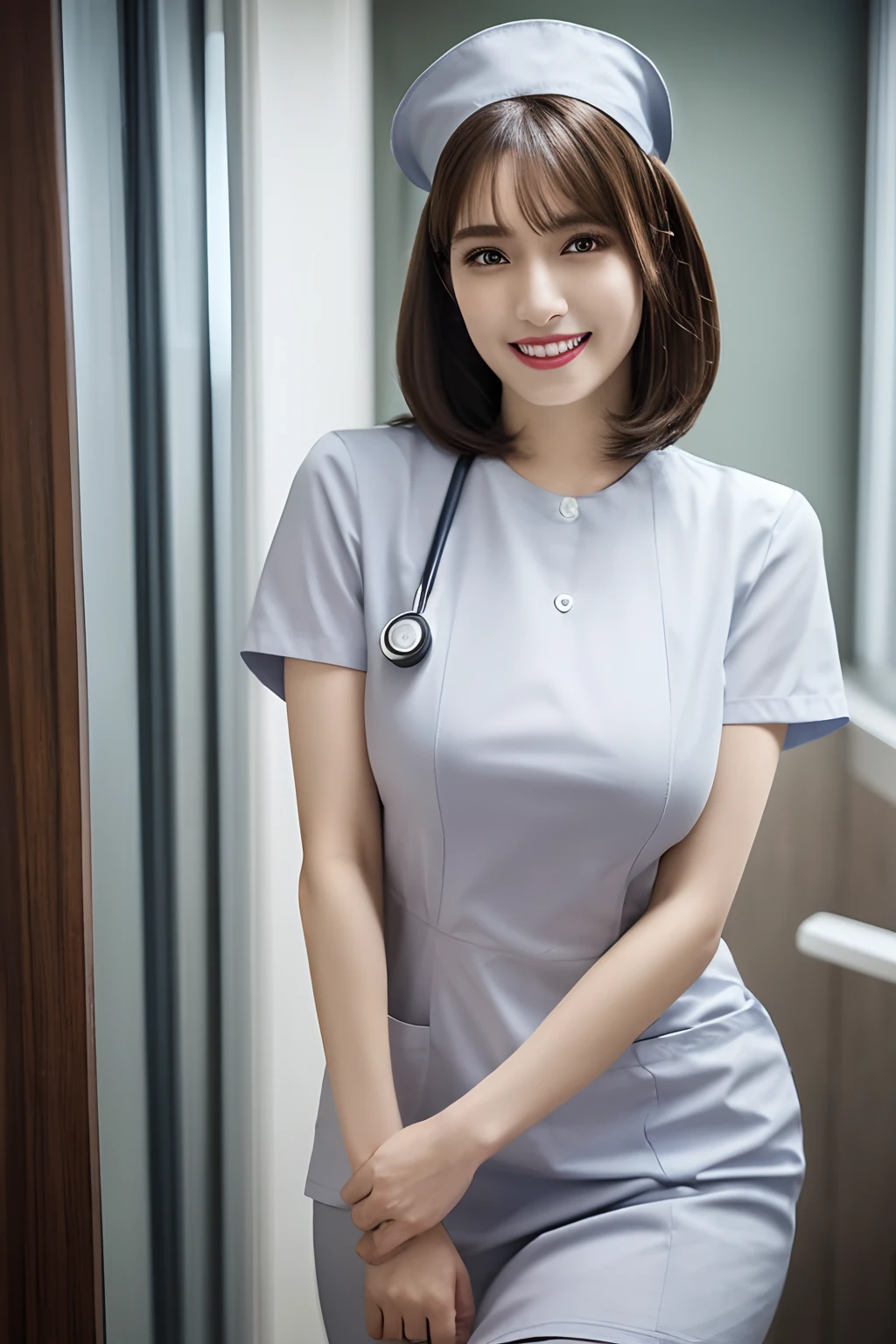 (1 Ultimate Beautiful Mature Nurse)、hyperdetailed face、Detailed lips、detailed eyes、double eyelids、((brunette bob hair))、(nurse's uniform:1.3)、(Glamorous body)、(Huge breasts)、smile、thighs thighs thighs thighs, Perfect fit, Perfect image realism, Background with: (Hospital Patient Rooms:1.2), Cowboy Shot, 细致Background with, detailed costume, Perfect litthing、Hyper-Realism、(Photorealsitic:1.4)、8K maximum resolution, (​masterpiece), highly detailed, Professional