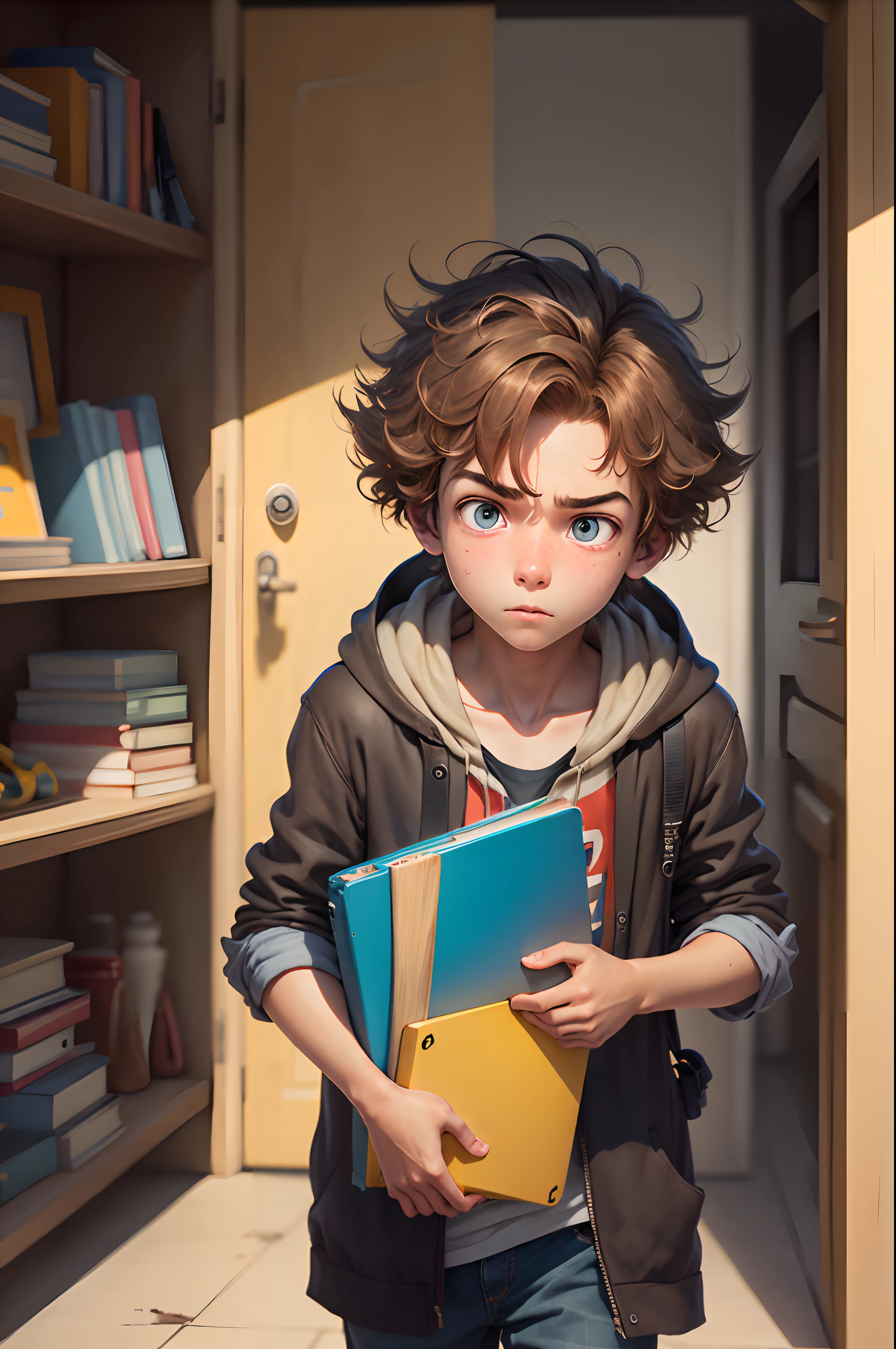 Pixar graphics,  boy with a Sleepy look on his face, carrying books and laptop, His eyes were red, his hair was messy