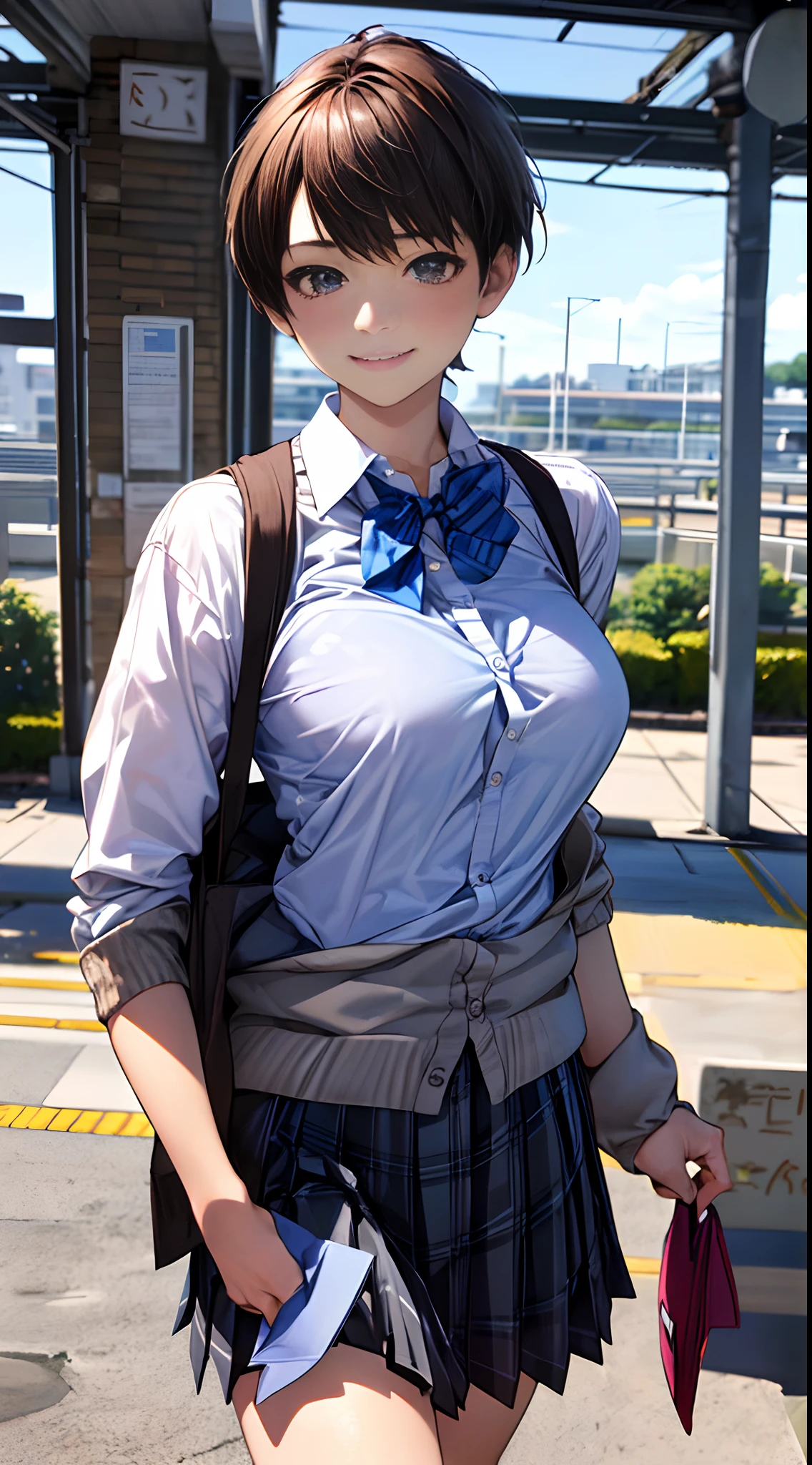 (masutepiece:1.2, top-quality), (Realistic, Photorealistic:1.4), Beautiful illustration,
view the viewer, full body Esbian, Front view:0.6,
1 girl, Japanese, High School Girl, (short-hair:1.5), blown hair, Bangs, hair between eye, Large breasts:0.8,
Beautiful hair, Beautiful face, Beautiful detailed eyes, Beautiful collarbone, Beautiful body, beautiful boob, beautiful thigh, Beautiful legs, Beautiful fingers,
(Beautiful scenery), , School,
((Collared shirt, White shirt, School uniform, Cardigan, Grey checked pleated skirt, Blue plaid bow tie)), White panties,
Standing, Walking,
Smile