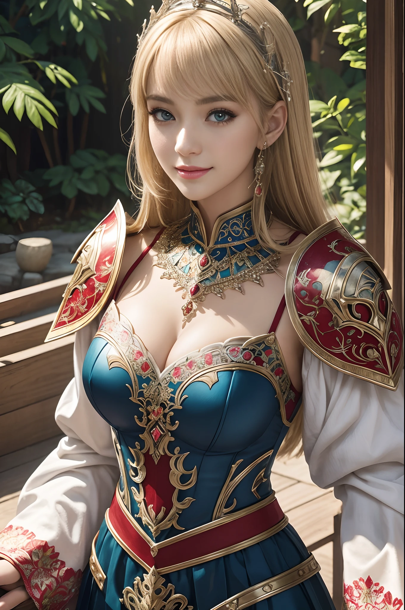 (dark shot:1.1)The whole body of the princess,Sexy Princess Armor(absurderes、hight resolution、ultra-detailliert)、One woman's whole body、Red and White Princess Chest Armor、Red and white trousers and leg armor、Big mature women、Princess in gorgeous armor、Blonde short bob、Thin big mature woman、blue eyess、long-sleeve、fine eyes and detailed face、intricate detailes、BREAK Mosaic Art、Small Pieces、colorful tesserae、complex pattern、tiled designs、durable surfaces、Old fashioned technique BREAK macro photography、extreme close - up、intricate detailes、Enlarged texture、stunning clarity、Hidden beauty、Immersive perspective breaks、artisanal creations、Handmade Products、unique designs、intricate detailes、Creative expression、skilled craftsmanship、enchanted、enchanted、enchanted、enchanted、English Garden、a smile、More about chest armor,