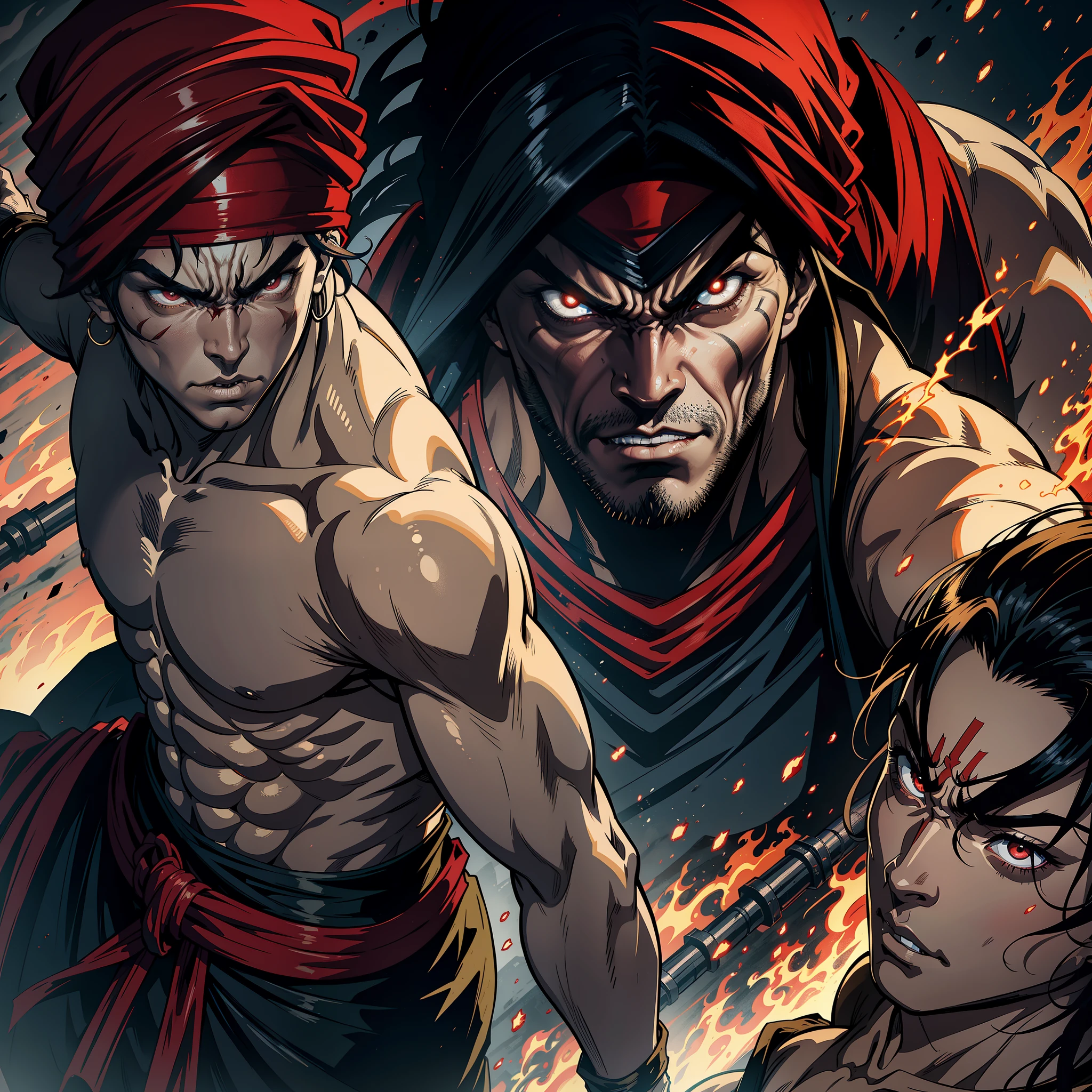 Red Turban Scary Face Hokuto No Ken Structure Muscular Face Kenshiro Leading Troops Army of Demons to Fight Sharp Details Cutscenes Epic Movie Hyper Realistic Legendary Movie Epic Movie Highly Detailed Faces Dramatic Characters