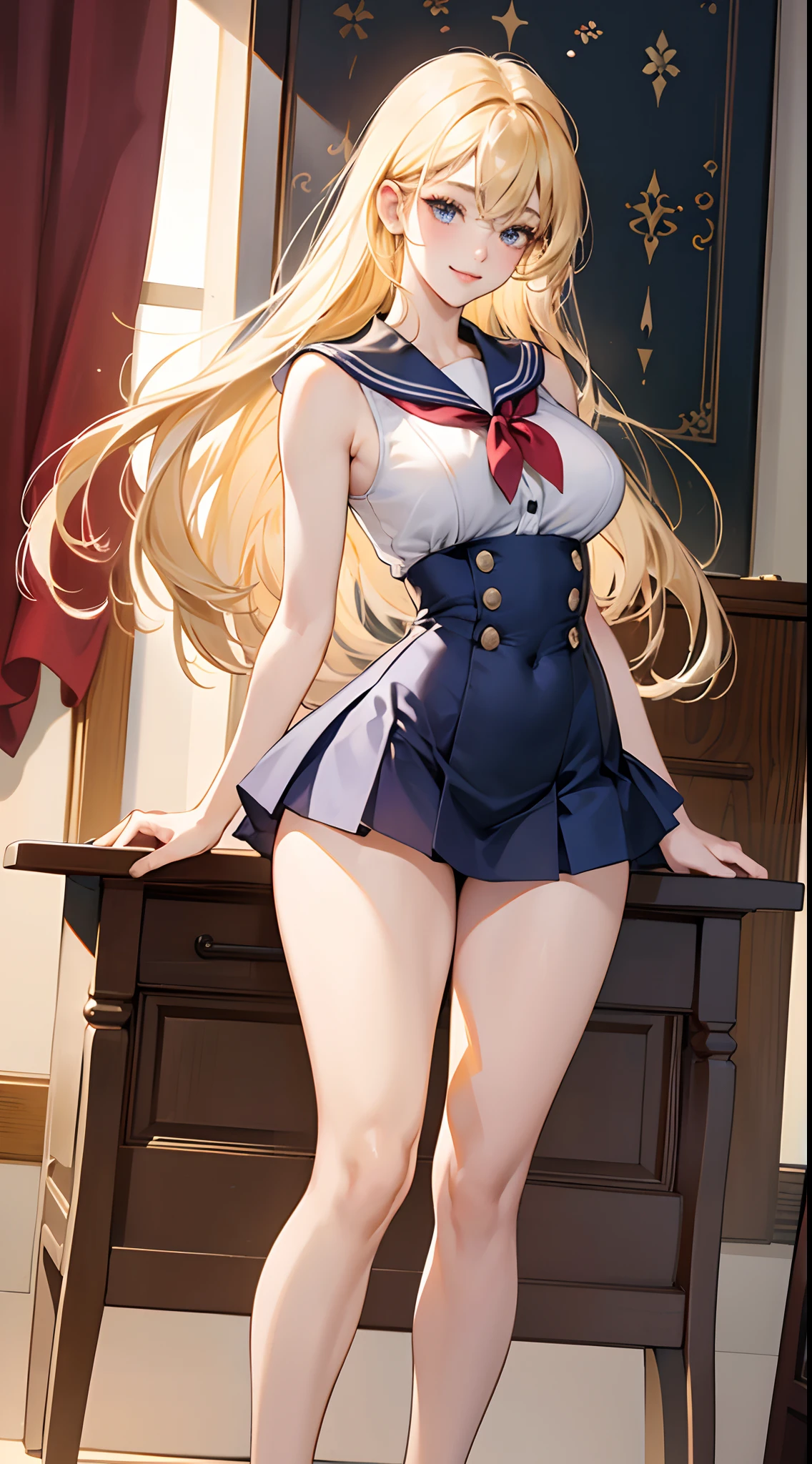 lease, blonde、long hair、cheerleader、spats、Photo from below、medium chest、Bedroom、mini skirt、lift up the skirt、navy high socks