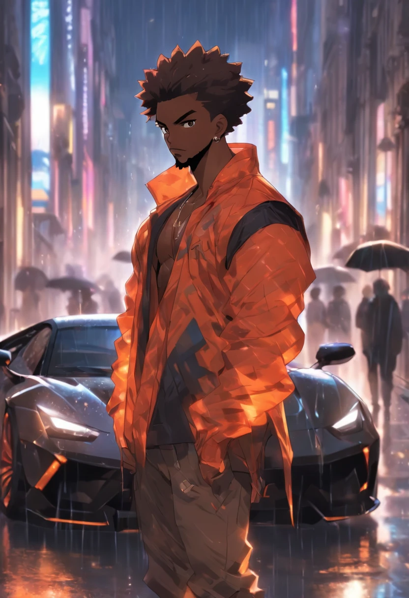 black man, medium athletic build, brown skin, glowing brown eyes, short buzzcut hair, standing in london city street, raining, holding an umbrella, standing next to sports car, (wearing tech wear) fluffy beard, muscle