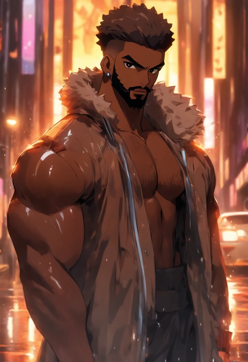 black man, medium athletic build, brown skin, glowing brown eyes, short buzzcut hair, standing in london city street, raining, holding an umbrella, standing next to sports car, (wearing tech wear) fluffy beard, muscle
