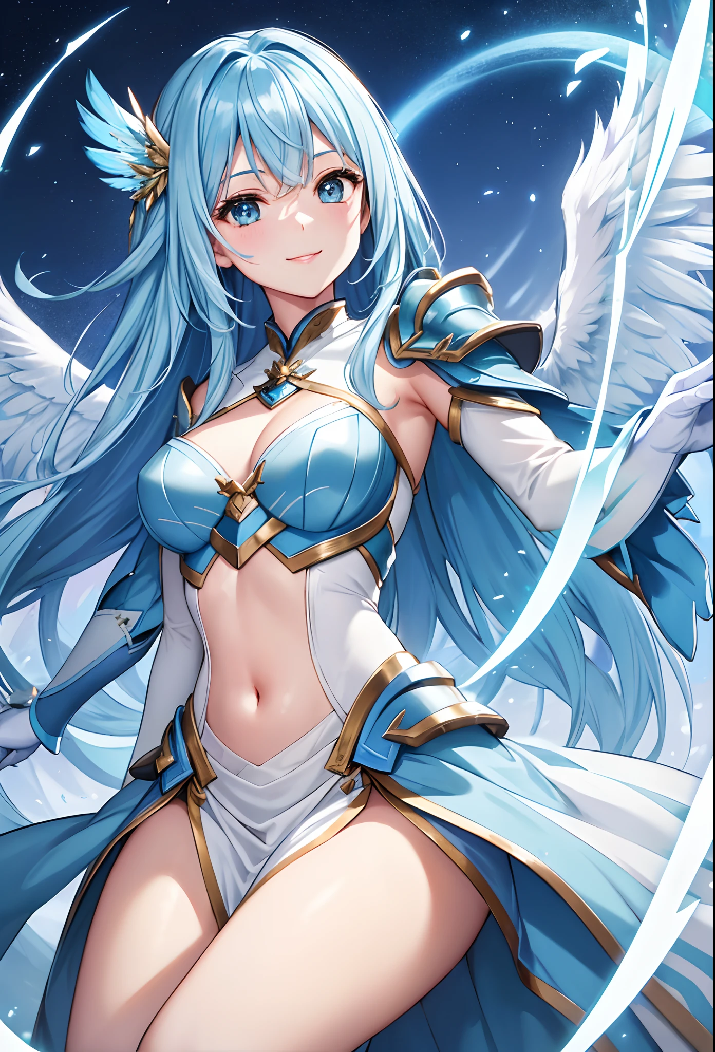 (HD Cinematic Textures)one with(femele)Is Beauty(faces)with the(Angel wings)Shows。She(delicated face)And long(blue hairs)Having、adorable smiling、Wearing Technical Armor、