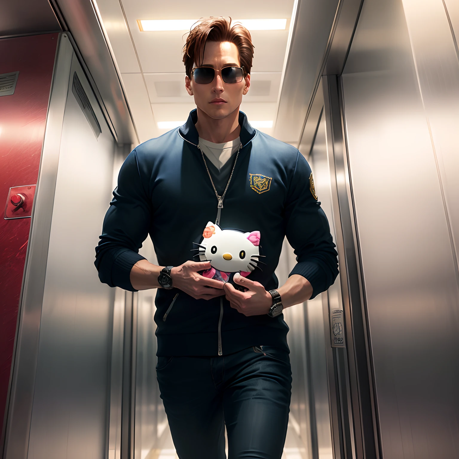 Johnny cage in a elevator through security camera lense with a hello kitty plush in his hand"
