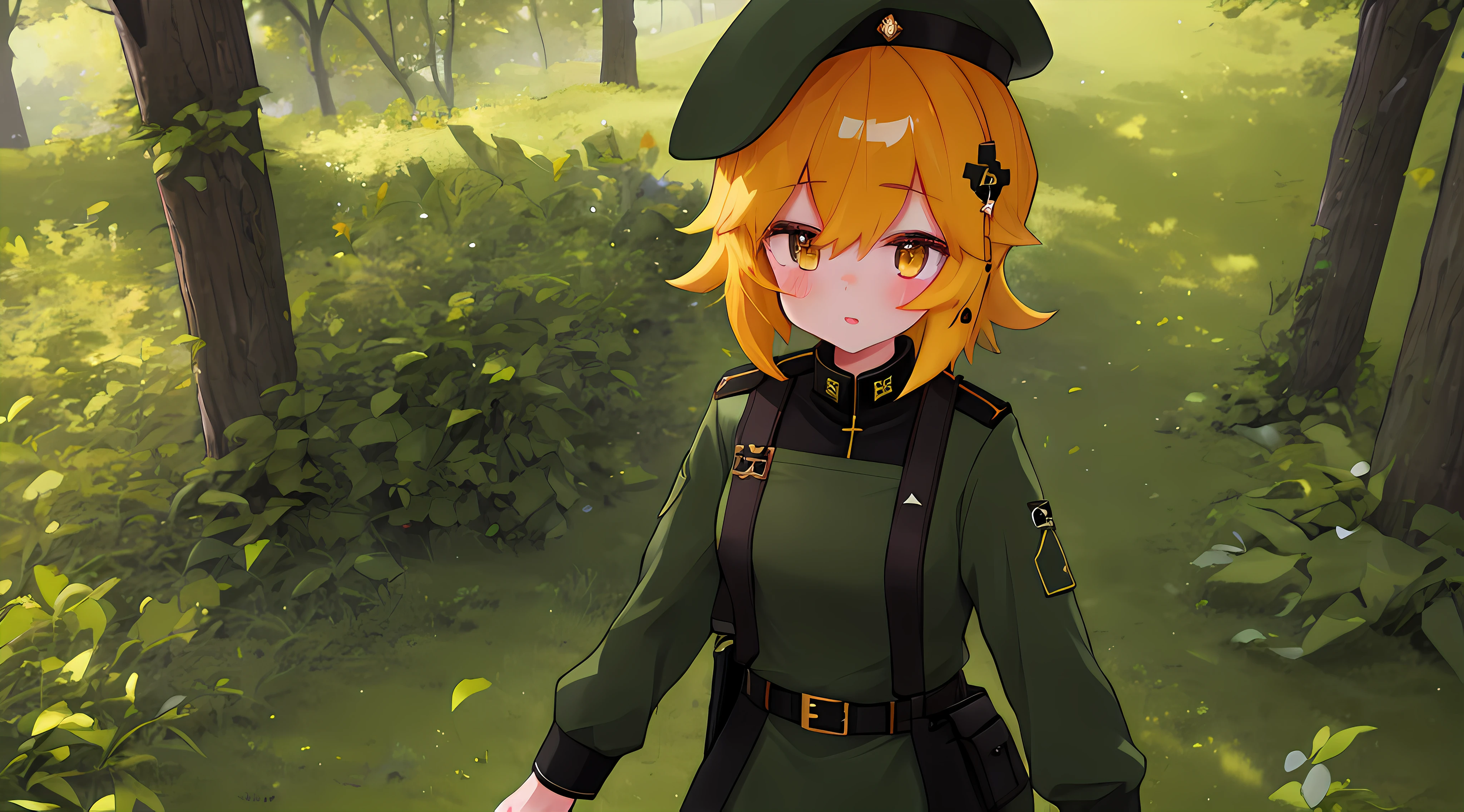 (Best Quality,4k,hight resolution,Masterpiece:1.2),Fox Girl,ear,Army uniform,Tactical Military Uniform,Green Army Uniform,On the Front Line,single girl,Bushes,the trees, Detailed girl, beatiful face, redhead hair, Beautiful Uniform, Very nice uniform, Ultra-detailed uniforms, Very nice military uniform, Very detailed 4K shape, pretty eyes, very detailed eyes, Beautiful yellow eyes, Almost orange eye color, Very nice girl
