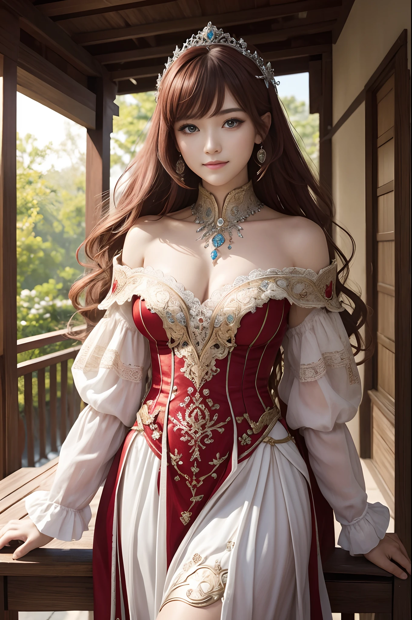 (dark shot:1.1)The whole body of the princess,Sexy Princess Armor(absurderes、hight resolution、ultra-detailliert)、One woman's whole body、Red and White Princess Chest Armor、Red and white trousers and leg armor、Big mature women、Princess in gorgeous armor、Red-haired wavy hair、Thin big mature woman、blue eyess、long-sleeve、fine eyes and detailed face、intricate detailes、BREAK Mosaic Art、Small Pieces、colorful tesserae、complex pattern、tiled designs、durable surfaces、Old fashioned technique BREAK macro photography、extreme close - up、intricate detailes、Enlarged texture、stunning clarity、Hidden beauty、Immersive perspective breaks、artisanal creations、Handmade Products、unique designs、intricate detailes、Creative expression、skilled craftsmanship、enchanted、enchanted、enchanted、enchanted、English Garden、a smile、More about chest armor,