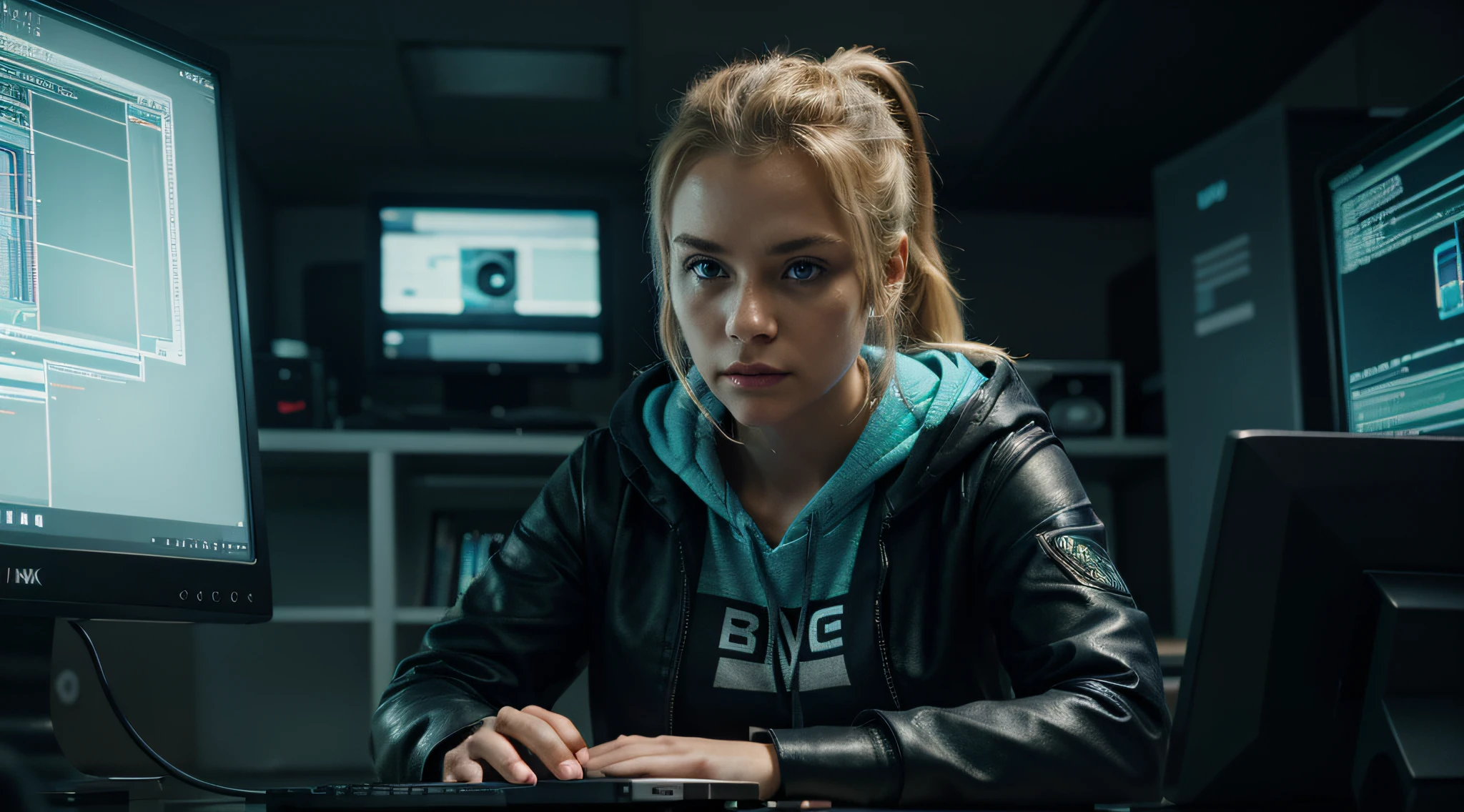 This stunning wallpaper features a beautiful blonde-haired, blue-eyed hacker woman working on a Unix system. Her hair is swept up in a ponytail and she is wearing a black leather jacket with a blue hoodie underneath. She is surrounded by a green matrix-like effect, with the Nmap logo visible in the background. Her eyes are focused and intense as she works on her computer, her fingers typing away as she hacks her way through the system. Her expression is one of determination and strength, a true hacker ready to take on any challenge. red lips, chromatic aberration abuse, UHD, retina, masterpiece, ccurate, anatomically correct, textured skin, super detail, high details, high quality, award winning, best quality, highres, 1080P, HD, 4K, 8k, 16k --q 5