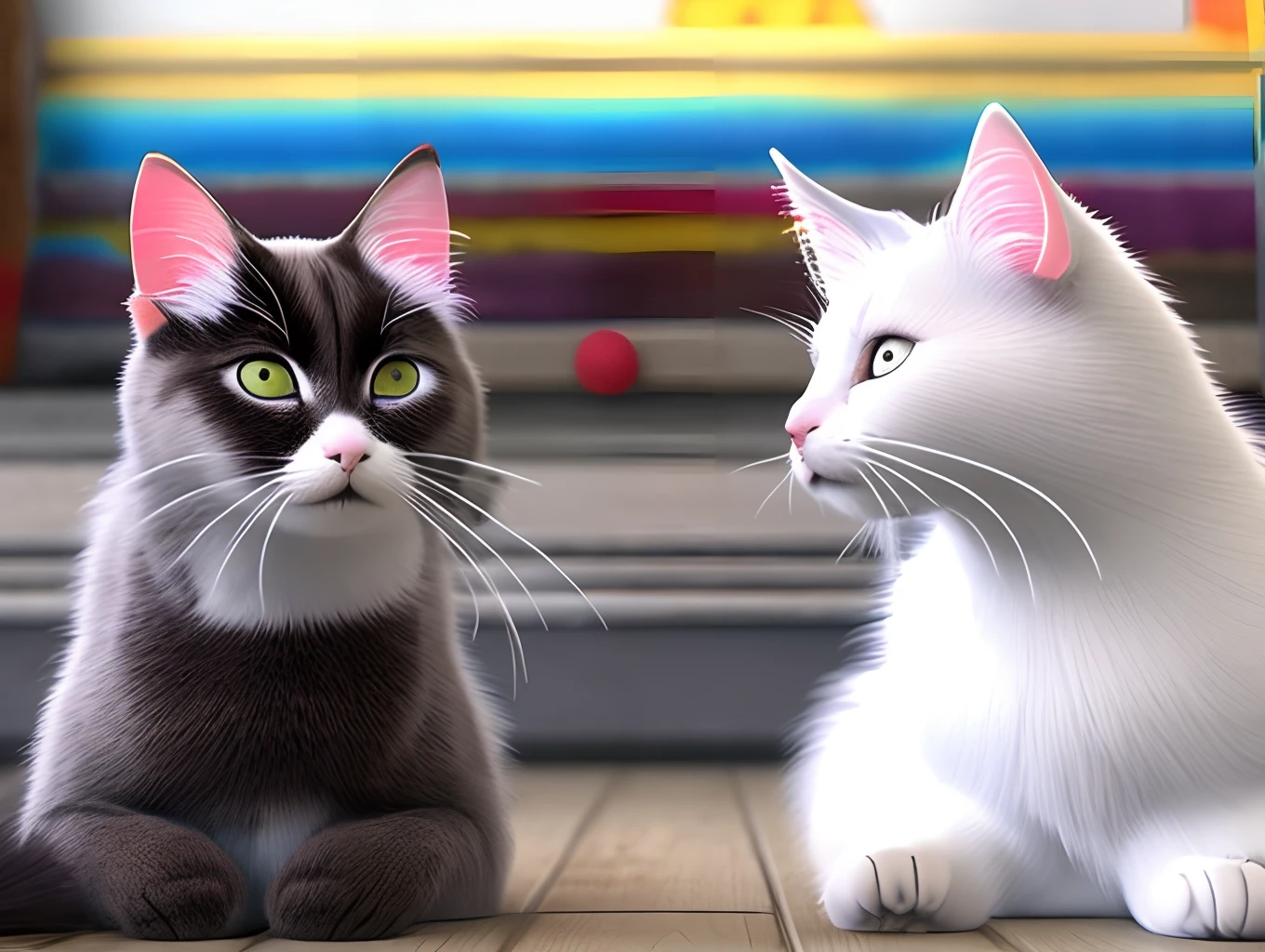 A Disney Pixar movie style scene of two cats talking together in an animal high school. One is a orange and white tip ragdoll cat with rainbow accessories. The other is a slim white angora cat with a fluffy tail and pink accessories. They’re talking together.