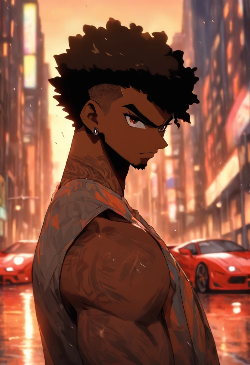 black man, medium athletic build, brown skin, glowing brown eyes, super short buzzcut hair, black hair, standing in london city street, raining,  standing next to sports car,  fluffy beard, hi resolution,