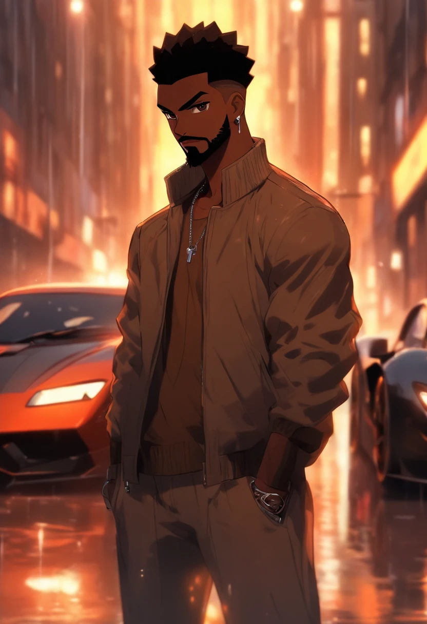 black man, medium athletic build, brown skin, glowing brown eyes, super short buzzcut hair, black hair, standing in london city street, raining, standing next to sports car, fluffy beard, hi resolution,