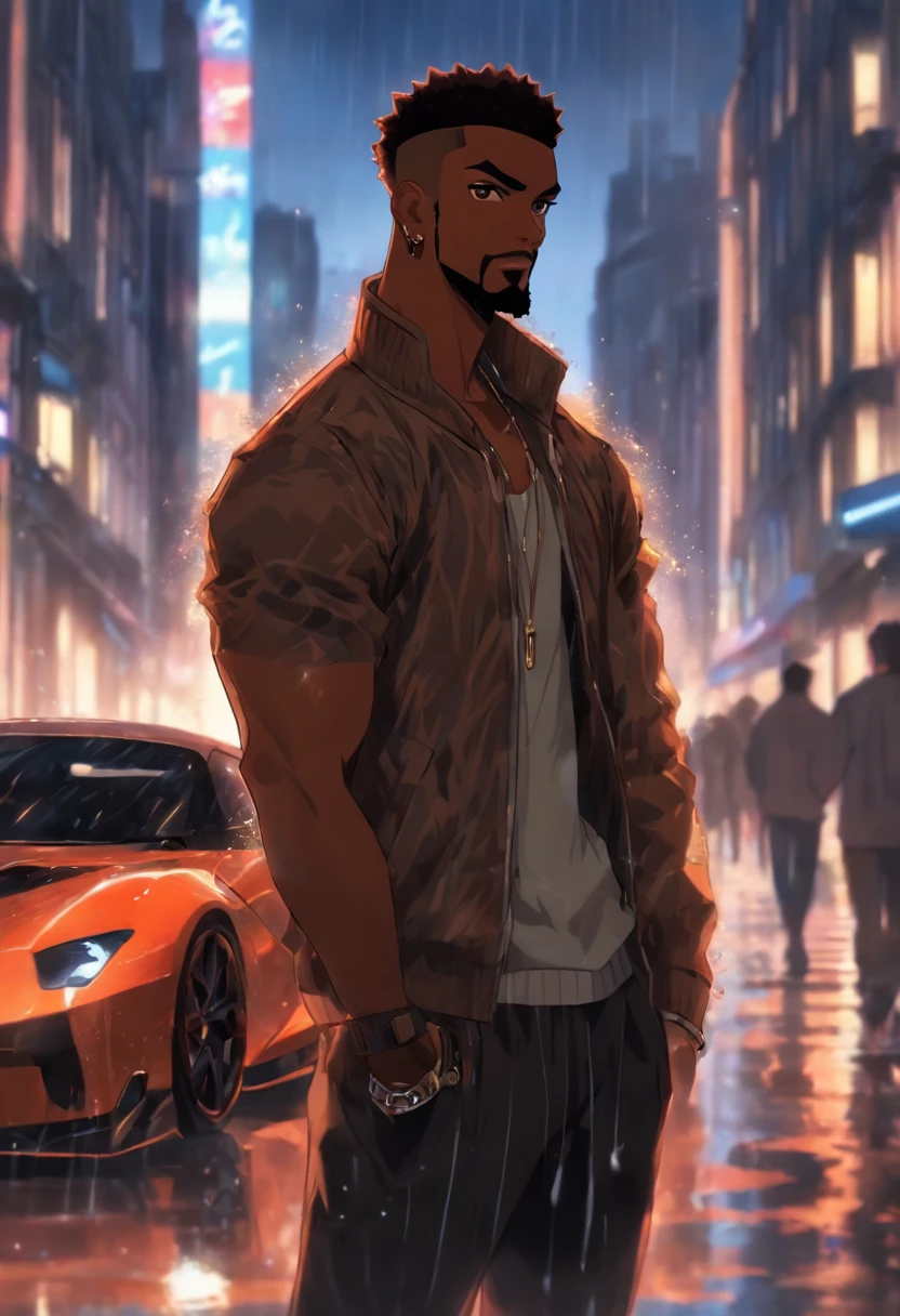 black man, medium athletic build, brown skin, glowing brown eyes, super short buzzcut hair, black hair, standing in london city street, raining,  standing next to sports car,  fluffy beard, hi resolution,