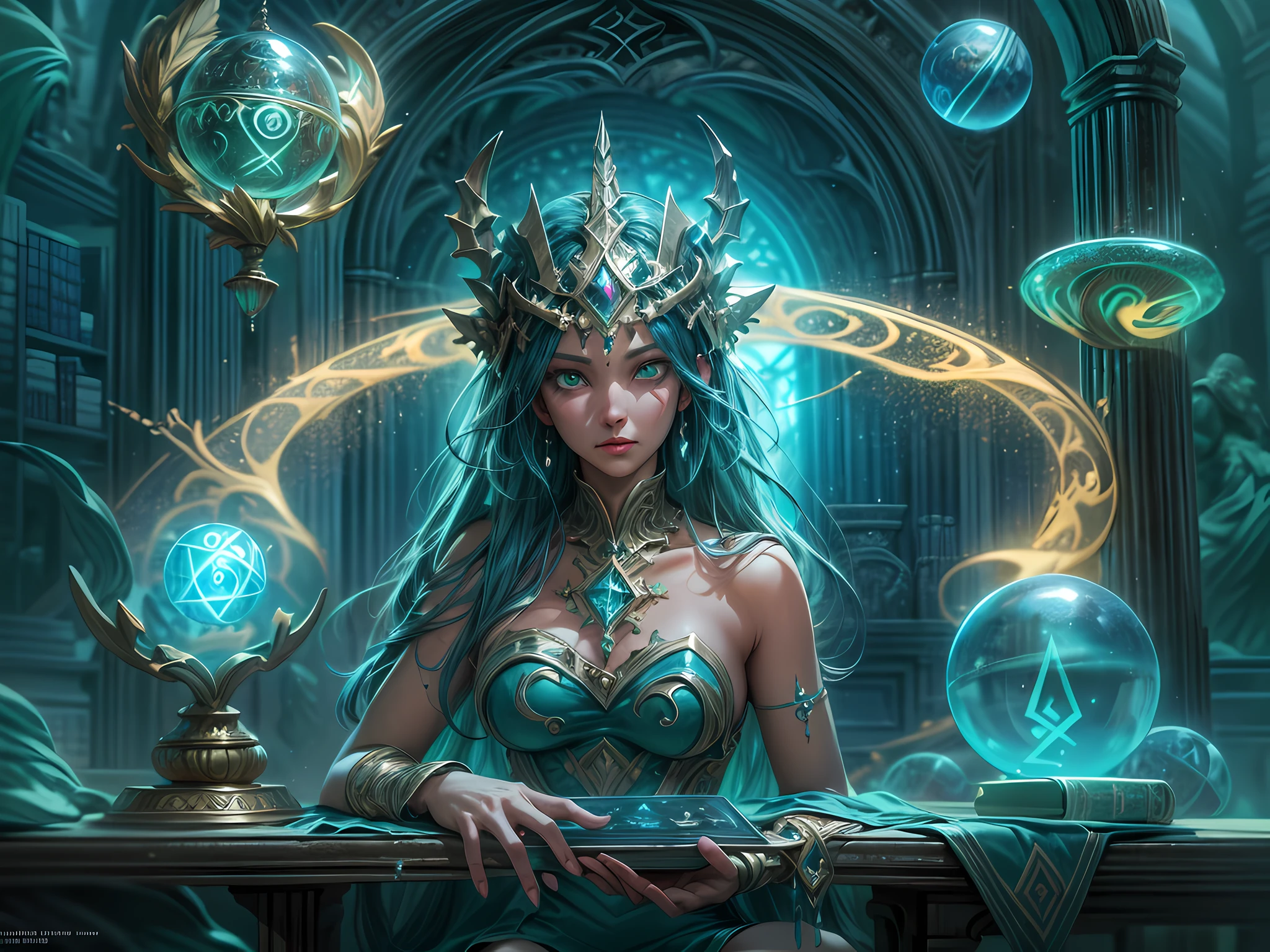 high details, best quality, 8k, [ultra detailed], masterpiece, best quality, (extremely detailed), full body, ultra wide shot, photorealistic, fantasy art, dnd art, rpg art, realistic art, an ultra wide picture of a female human (1.5 intricate details, Masterpiece, best quality) godess of water  ((watery radiant aura)), controlling a swirling streams of watery magic (1.5 intricate details, Masterpiece, best quality), manipulating purple radiant magical symbols, [[divine symbols]] (1.5 intricate details, Masterpiece, best quality), human female, blue  hair, long hair with aura, hair with green radiant eyes, intense eyes, holding a staff, ((radiant eyes)), (( green glowing eyes)), dynamic clothing, magical library, with many books, and magical runes and wards, glowing arcane sigils GlowingRunes_paleblue, crystal ball (best details, Masterpiece, best quality) on table, runes on crystal balls GlowingRunes_yellow, fantasy magical library background (best details, Masterpiece, best quality), Ultra-Wide Angle, high detail, award winning, best quality, HD, 16K, 3D rendering, high details, best quality, highres, ultra wide angle, 3D rendering, [[anatomically correct]]