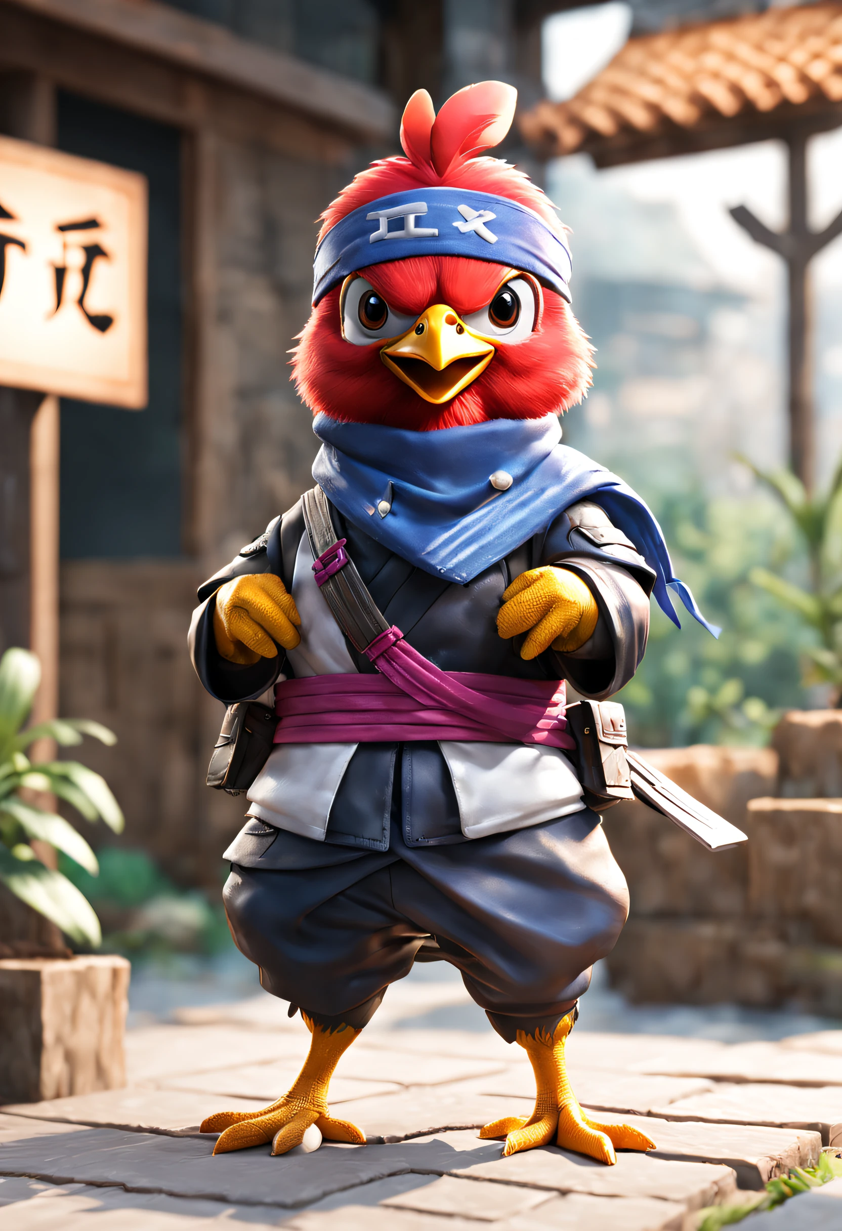 full body Esbian、Cool Ninja Chicken、diorama、symple background、White background、bandana、masterpiece, Best Quality, Capture super cute moments, depth of fields, ultra-detailliert, Ultra High Resolution, Octadale, 8K, 16 K