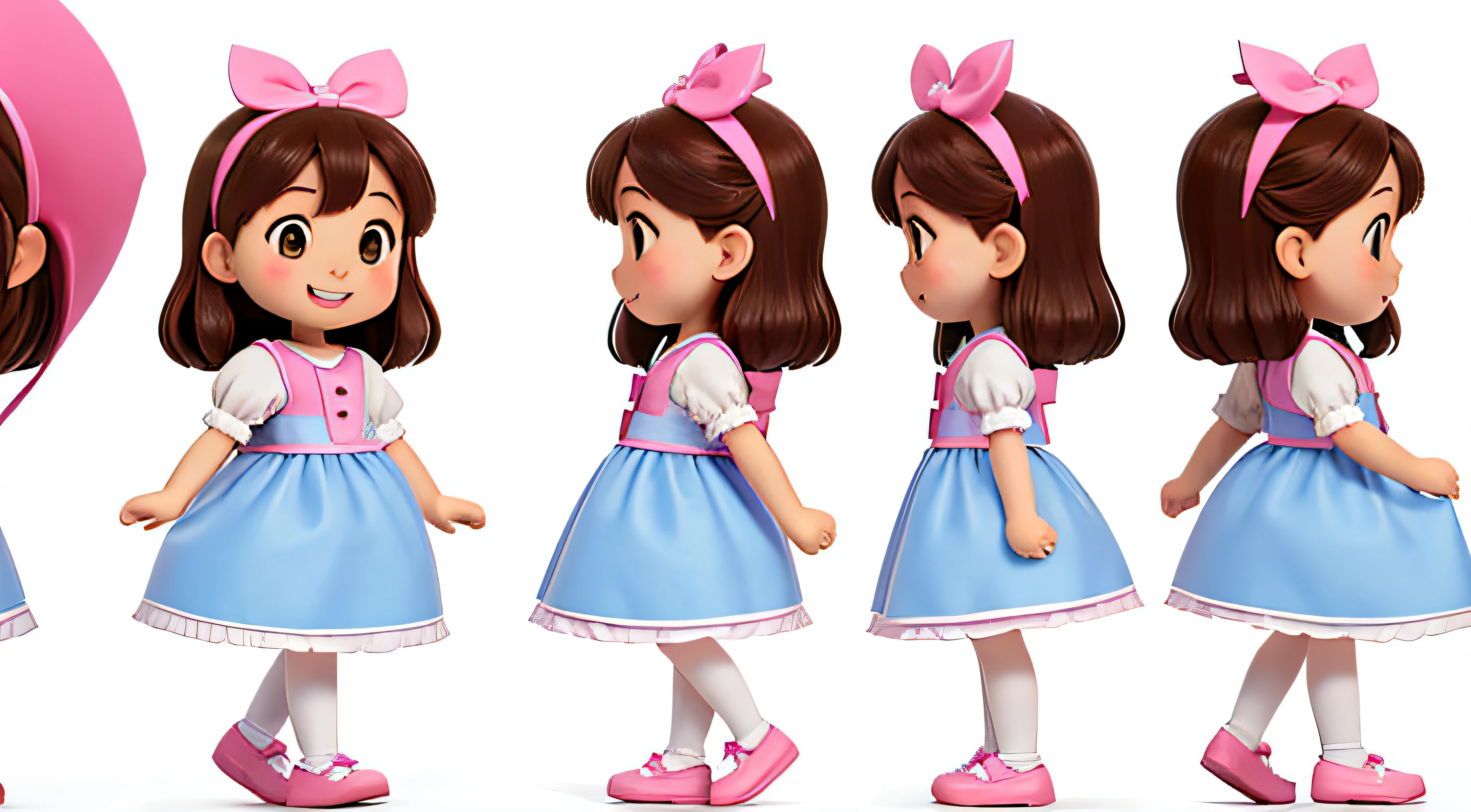 Create 6 consecutive frames of profile picture of little girl walking, character animation frames, an identical design of the character in each frame. The little girl is named ((Anny AuY)), 4-year-old, cute, happy, with medium-length brown hair, brown eyes, rosy cheeks, wearing a pastel blue princess dress, a pink bow headband, white shoes, and a white background.