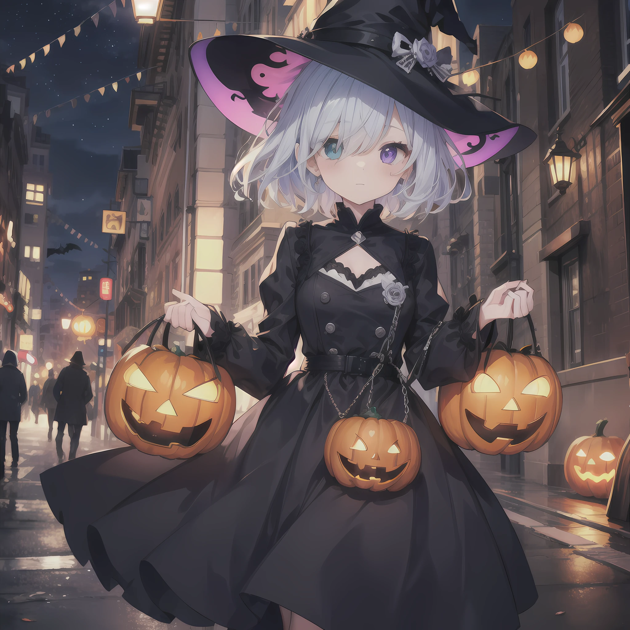 Black Witch Garment、Halloween streetscape in the city、Blue Blow Hair、heterochromia、hair over one eyes、Dark Night Lighting、Jaco Lantern