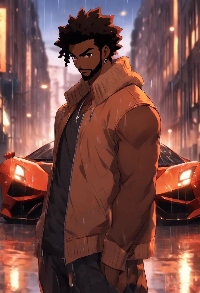 black man, medium athletic build, brown skin, glowing brown eyes, super short hair, black hair, standing in london city street, raining, standing next to sports car, fluffy beard, hi resolution,