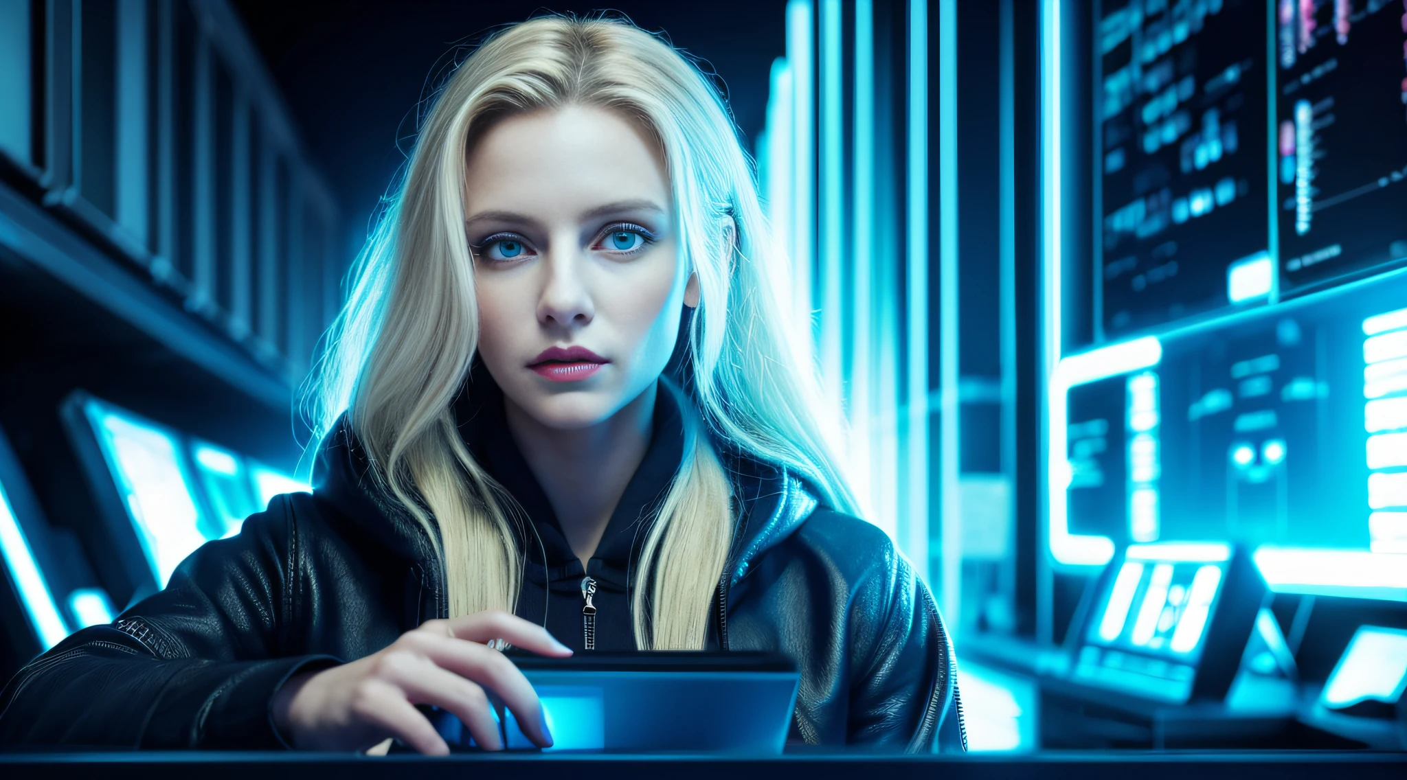 This stunning wallpaper features a beautiful blonde-haired, blue-eyed hacker woman working on a Unix system. Her hair is swept up in a ponytail and she is wearing a black leather jacket with a blue hoodie underneath. She is surrounded by a green matrix-like effect, with the Nmap logo visible in the background. Her eyes are focused and intense as she works on her computer, her fingers typing away as she hacks her way through the system. Her expression is one of determination and strength, a true hacker ready to take on any challenge. red lips, chromatic aberration abuse, UHD, retina, masterpiece, ccurate, anatomically correct, textured skin, super detail, high details, high quality, award winning, best quality, highres, 1080P, HD, 4K, 8k, 16k --q 5