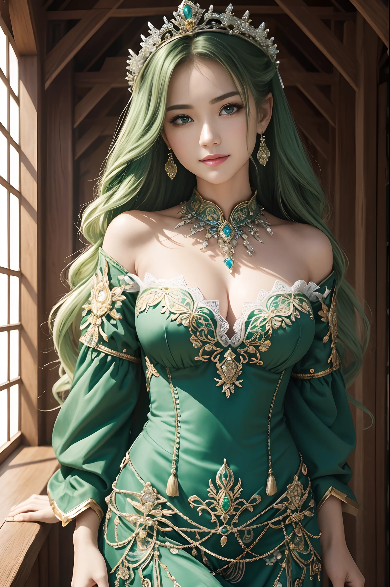 (dark shot:1.1)The whole body of the princess,Sexy Princess Armor(absurderes、hight resolution、ultra-detailliert)、One woman's whole body、Green and White Princess Chest Armor、Green and white trousers and leg armor、Big mature women、Princess in gorgeous armor、Green wavy hair、Thin big mature woman、blue eyess、long-sleeve、fine eyes and detailed face、intricate detailes、BREAK Mosaic Art、Small Pieces、colorful tesserae、complex pattern、tiled designs、durable surfaces、Old fashioned technique BREAK macro photography、extreme close - up、intricate detailes、Enlarged texture、stunning clarity、Hidden beauty、Immersive perspective breaks、artisanal creations、Handmade Products、unique designs、intricate detailes、Creative expression、skilled craftsmanship、enchanted、enchanted、enchanted、enchanted、English Garden、a smile、More about chest armor,