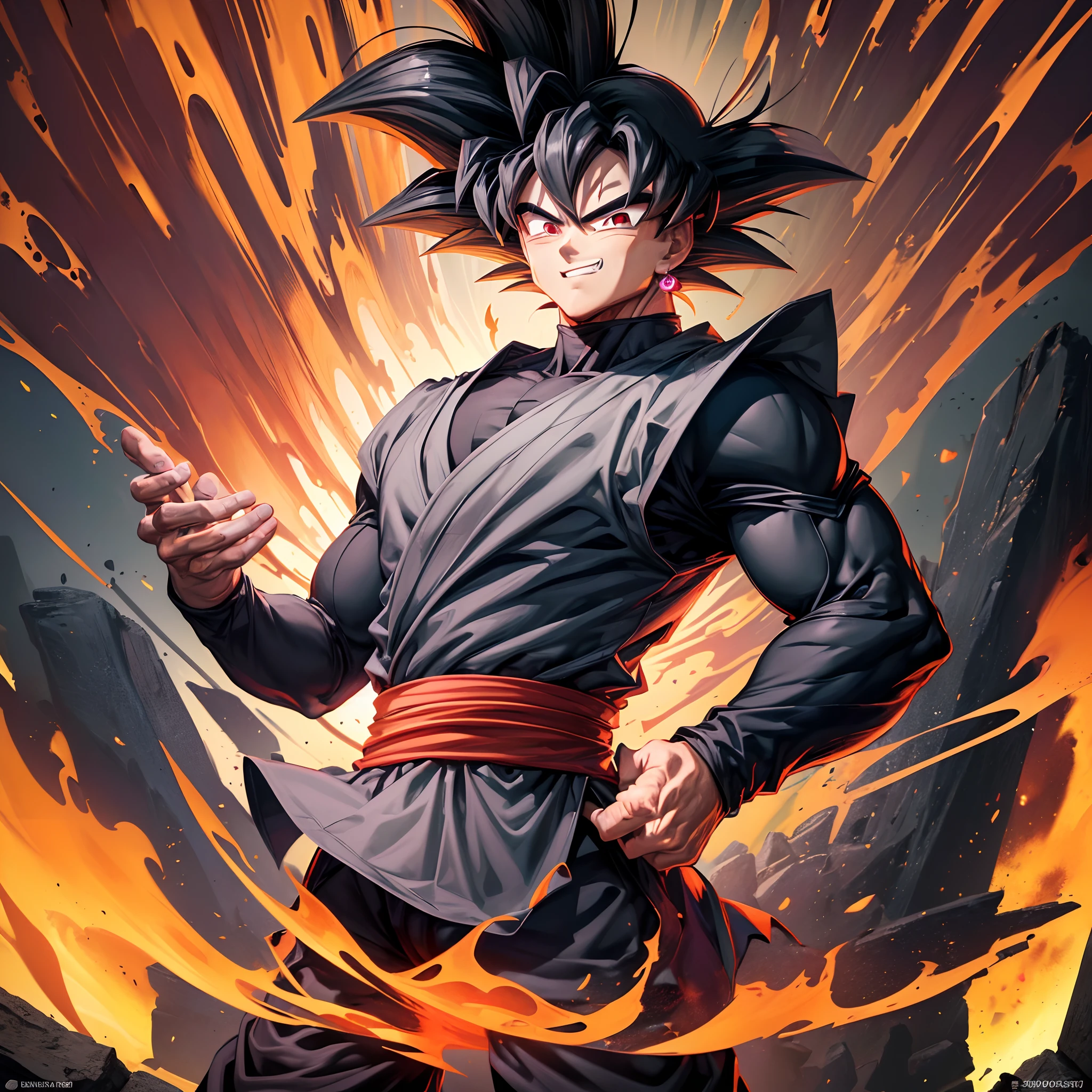 ((top-quality)), ((masterpiece)), ((ultra-detailliert)),(8k wallpaper:1.2),(Ultra-high resolution:1.2),(masterpiece:1.1),wallpaper,High quality,(High detail),(absurdres, highres, ultra detailed),( best quality:1.2),Goku black, wearing black gi,grin, glowing red eyes,base hair,black hair,upper body,