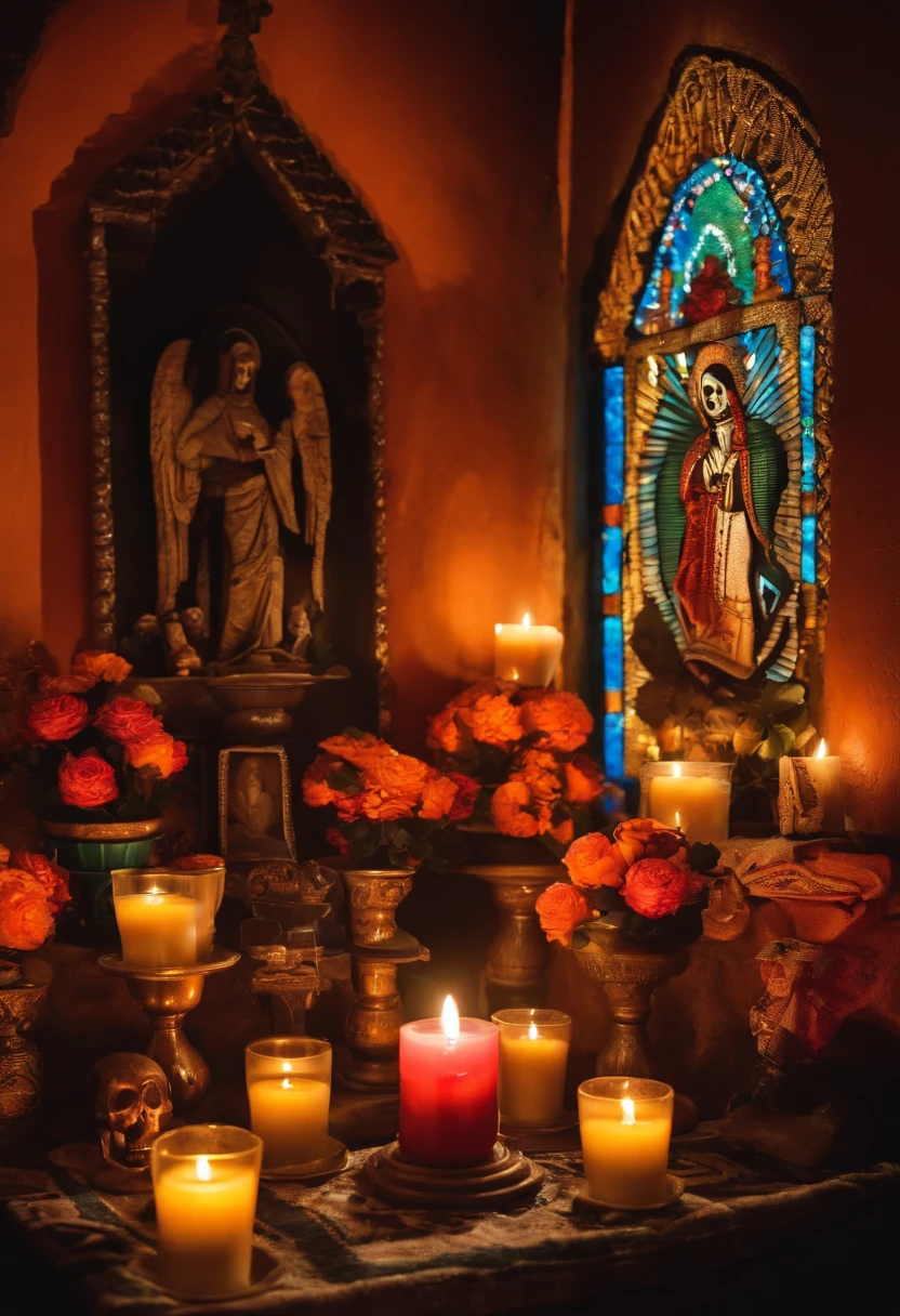 Altar mexicano de dois andares para o dia dos muertos com velas, caveiras e fotografias antigas