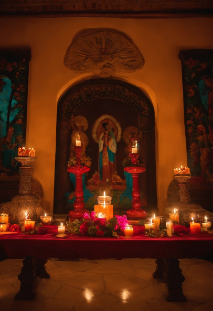 Altar mexicano de dois andares para o dia dos muertos com velas, caveiras e fotografias antigas
