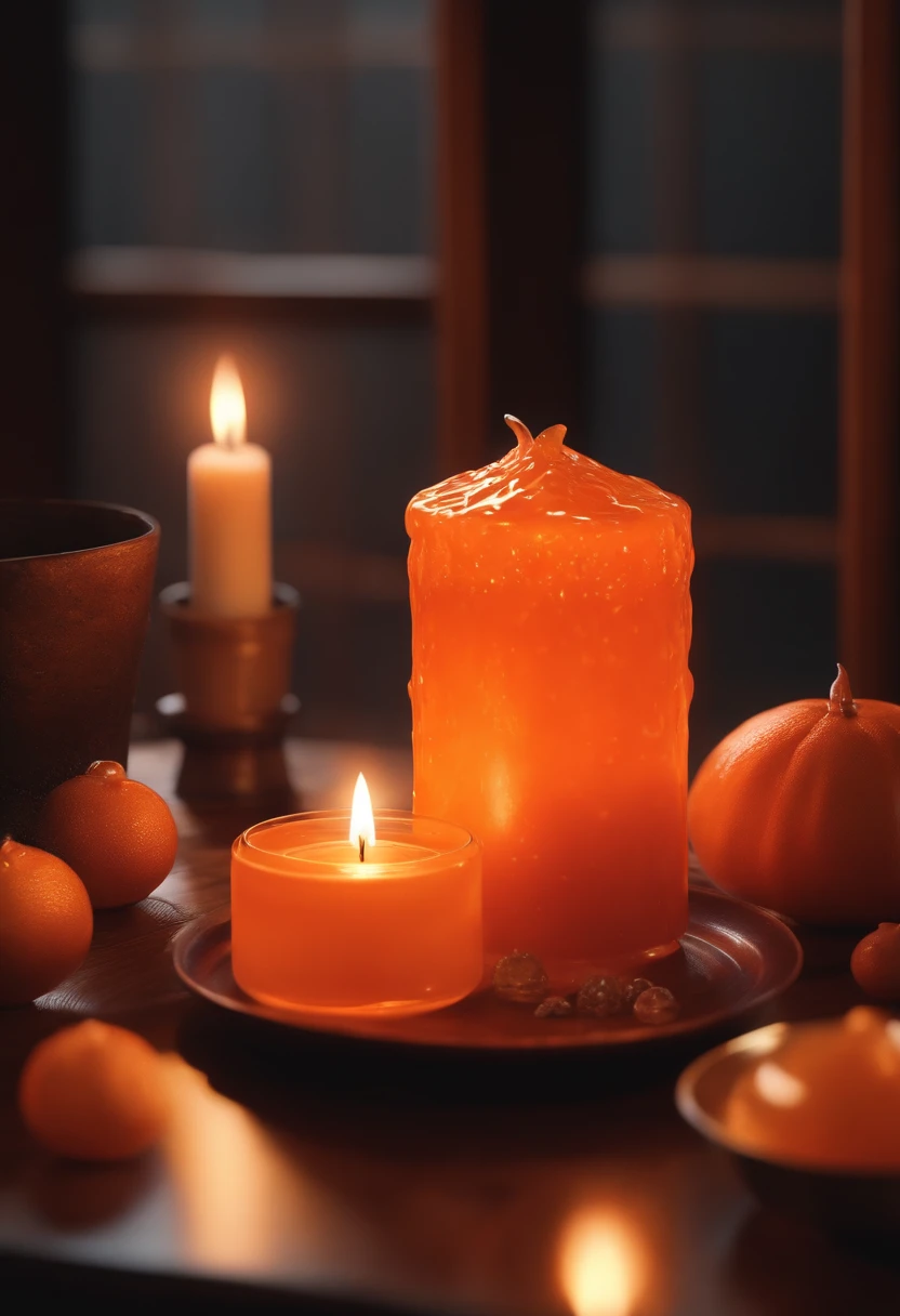 An orange translucent slime,A white candle is lit on the table and next to it, Japanese animation style