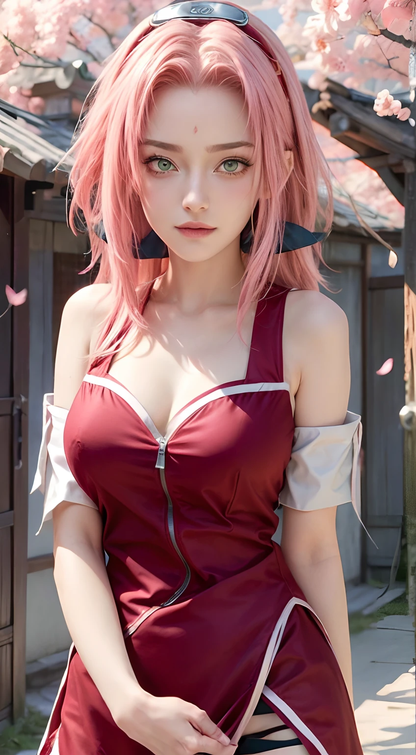 1girl, (8k, RAW photo, best quality, masterpiece:1.2), (ultra highres:1.0),detailed illustration, (real person,fashion photography portrait,photograph), detailed, detailed beautiful skin, (realistic, photo-realistic:1.37), SakuraNS, solo, professional lighting, pink dress with flower), village, east asian architecture, trees, village hidden in the leaves background,looking_at_viewer, smile, forehead flower,red_hairband,pink hair,green eyes,mitain,toeless footwear,kunai,facial mark,konohagakure symbol,fighting_stance,fence,ninja,adjusting gloves,sleeveless,cleavage