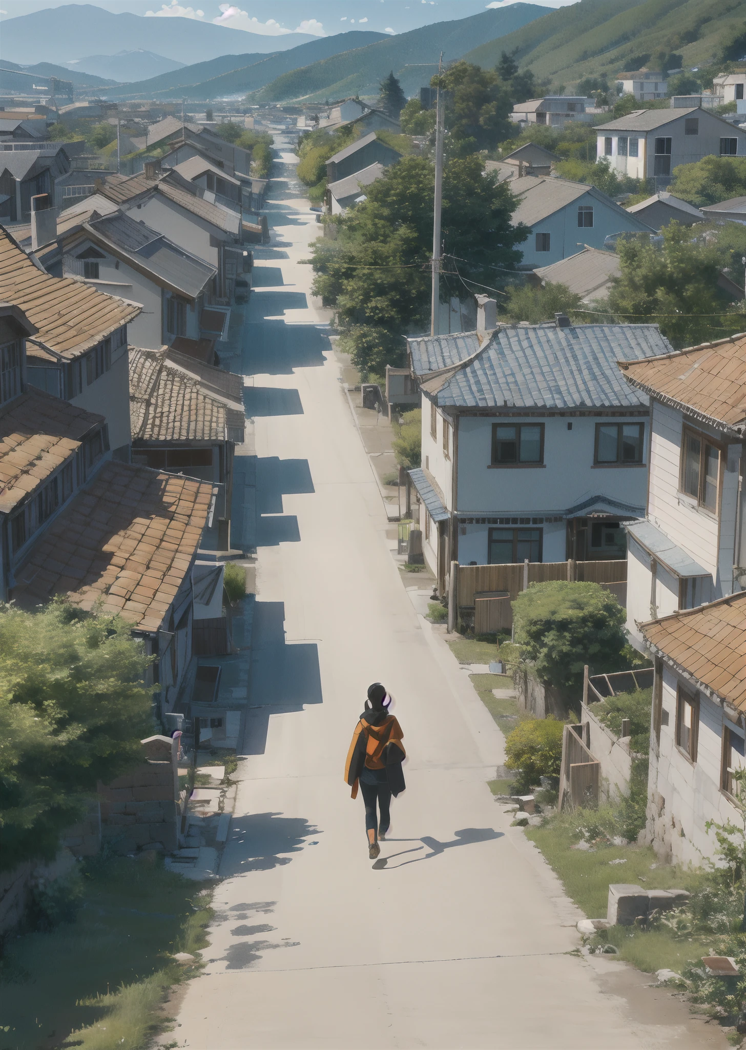 there is a woman walking down a dirt road with a frisbee, with village, taken on go pro hero8, standing in township street, in front of a temple, in a village, in front of the house, standing in a township street, with a park in the background, park in background, in front of the temple, with mountains in the background