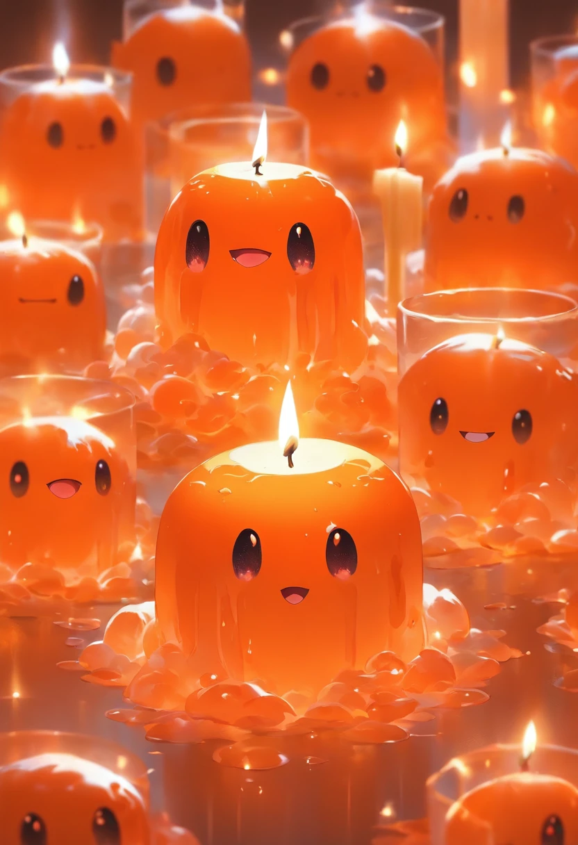 Orange translucent slime creatures,A white candle is lit on the table and next to it