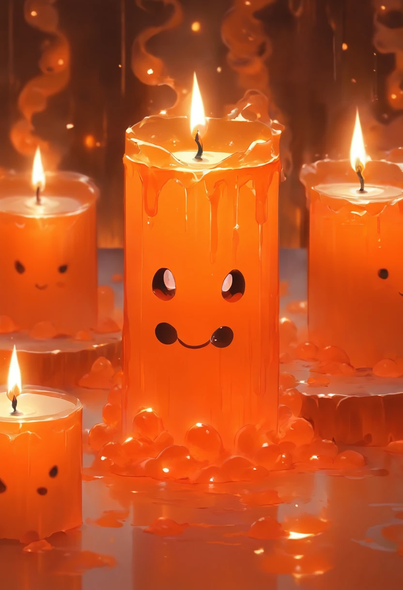 Orange translucent slime creatures,A white candle is lit on the table and next to it