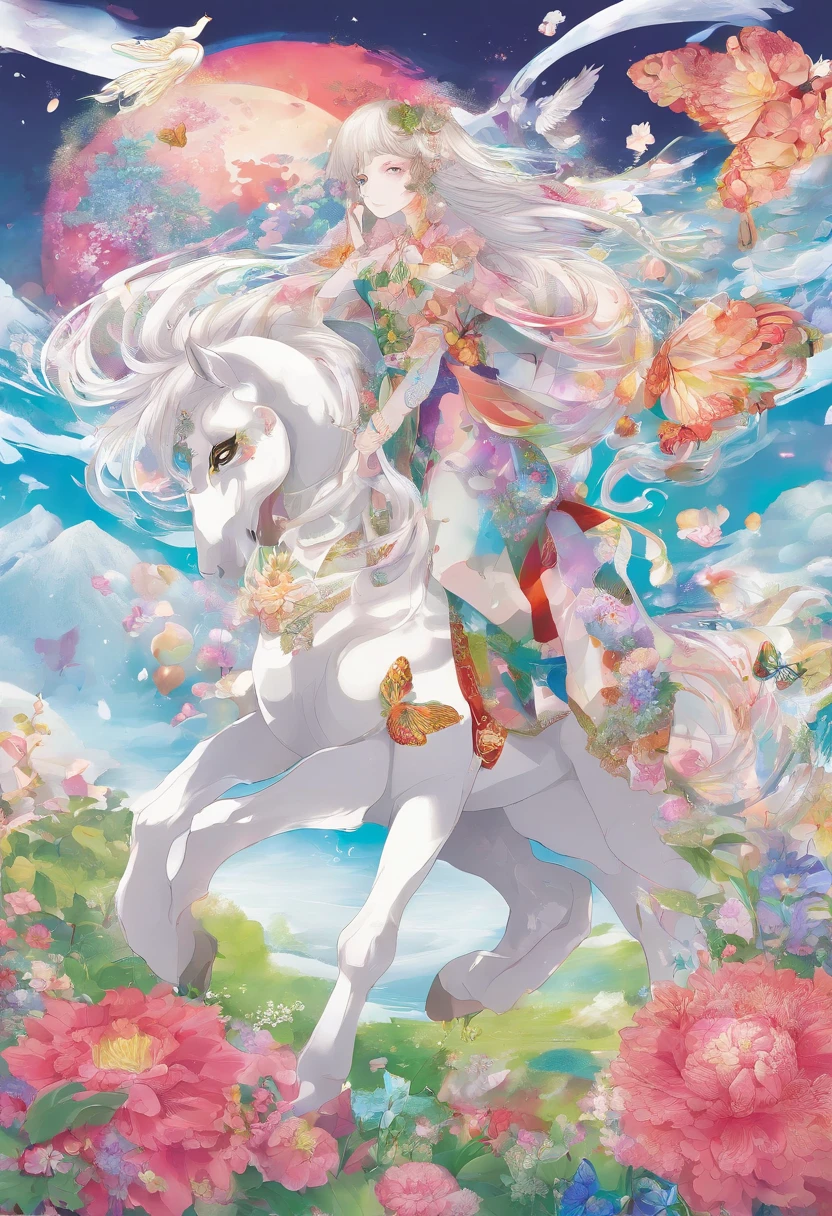 Beautiful horse,anthropomorphic turtle,Stand among the flowers