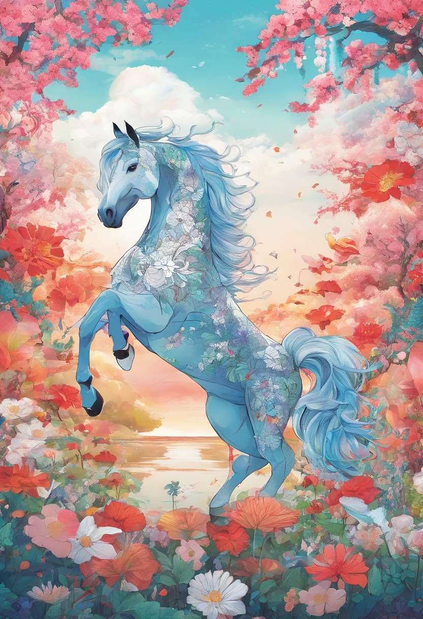 Beautiful horse，anthropomorphic turtle，Stand among the flowers