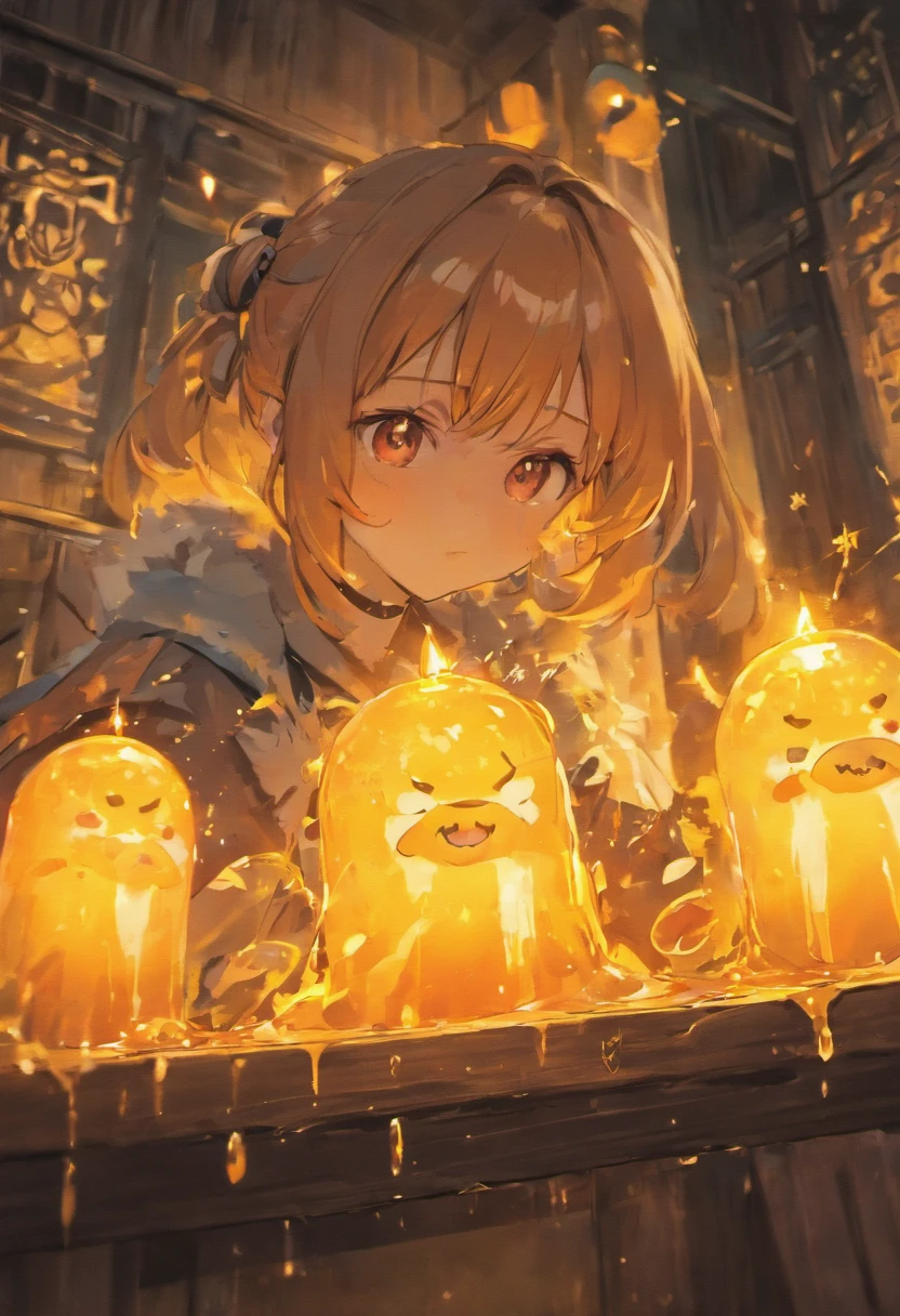 Orange translucent slime creatures,A white candle is lit on the table and next to it
