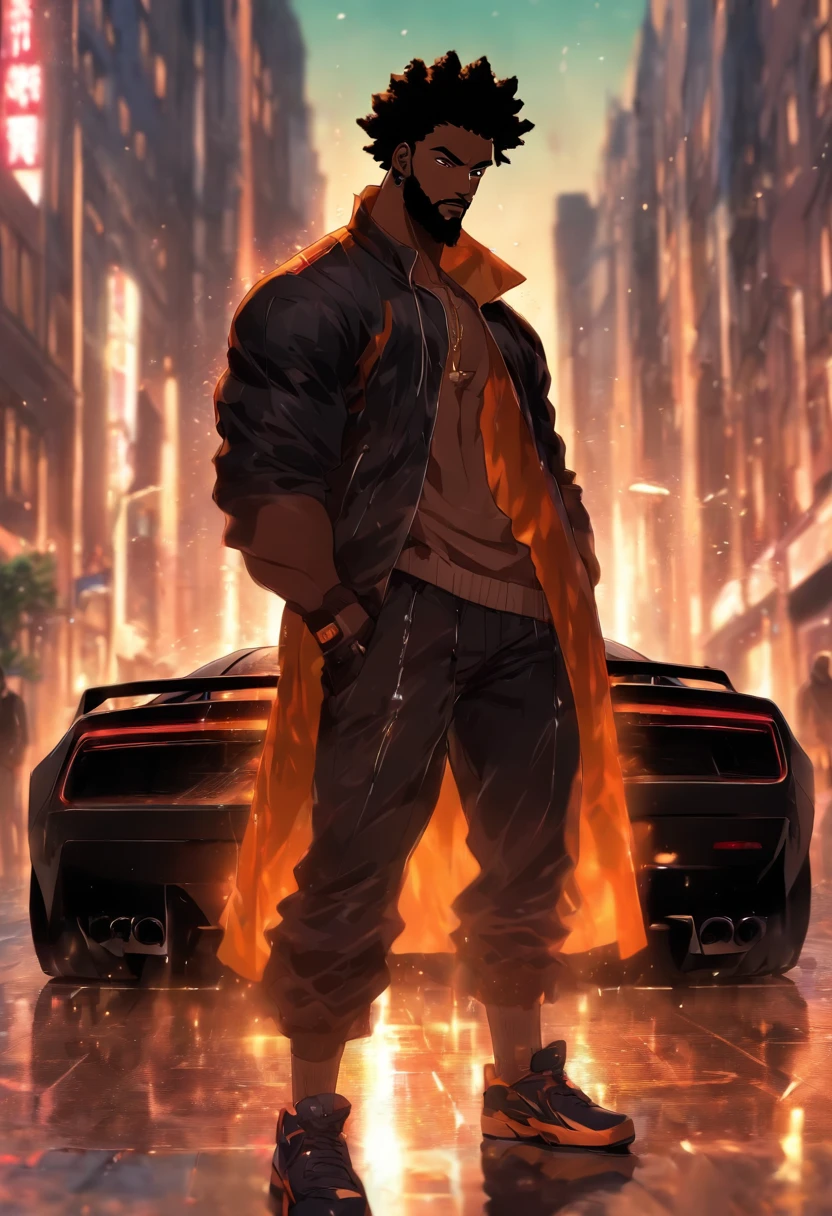black man, medium athletic build, brown skin, glowing brown eyes, level 1 black short hair, black hair, standing in london city street, raining, standing next to sports car, fluffy beard, hi resolution,