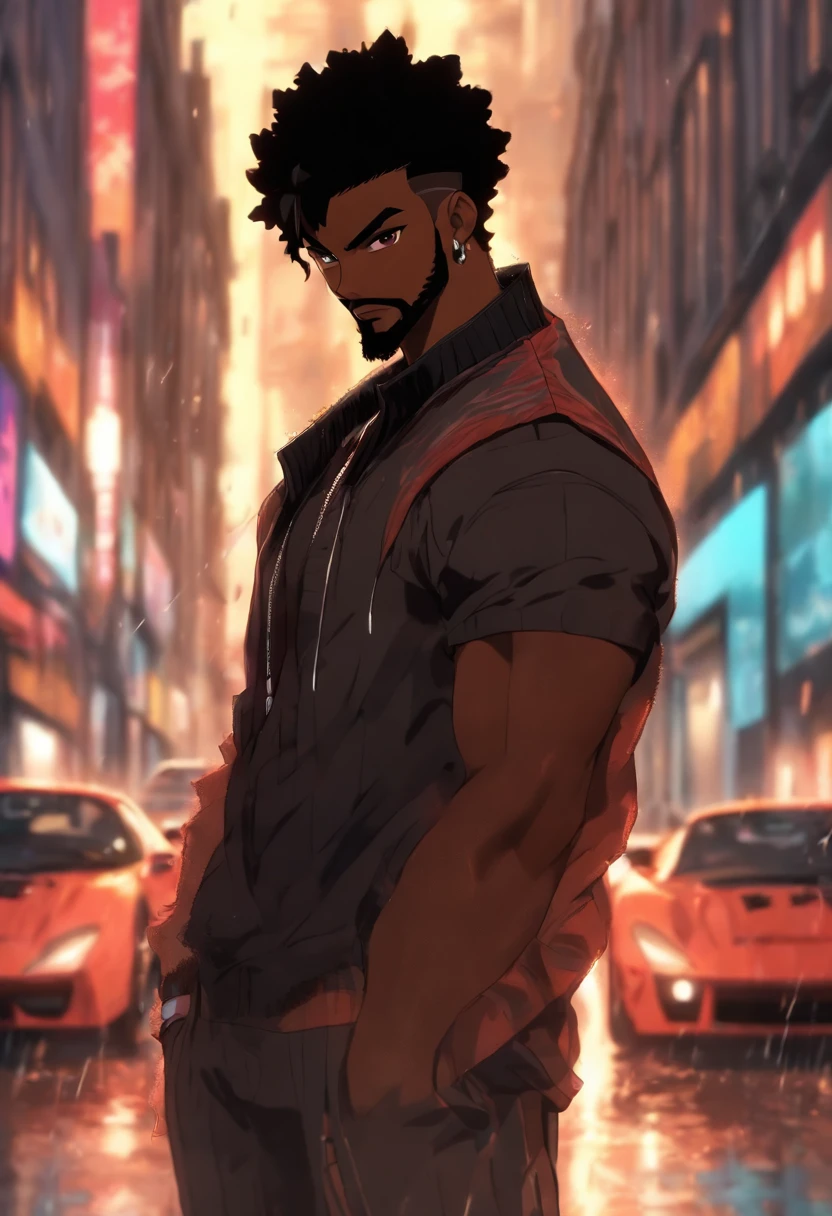 black man, medium athletic build, brown skin, glowing brown eyes, level 1 black short hair, black hair, standing in london city street, raining, standing next to sports car, fluffy beard, hi resolution,