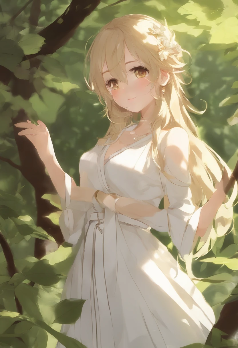 (top-quality, masterpiece), girl with, Anime, girl with, wall-paper, the woods, Yellowish jungle, kirakira, robe blanche, Vited Color:White the, Particle, the wind, Petalas, faces, Simple light background, Checkerboard background, Minimalist background, Small background, look at viewr, Albina.
